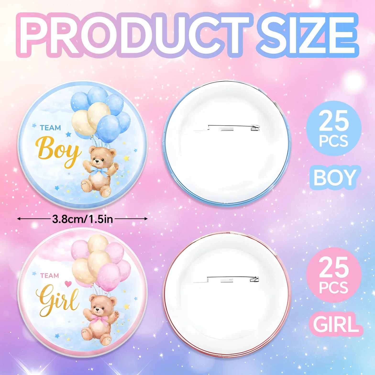 Gender Reveal Decoration Badge 50 Pièces Team Boy Team Girl Ourson Ballons Baby Shower