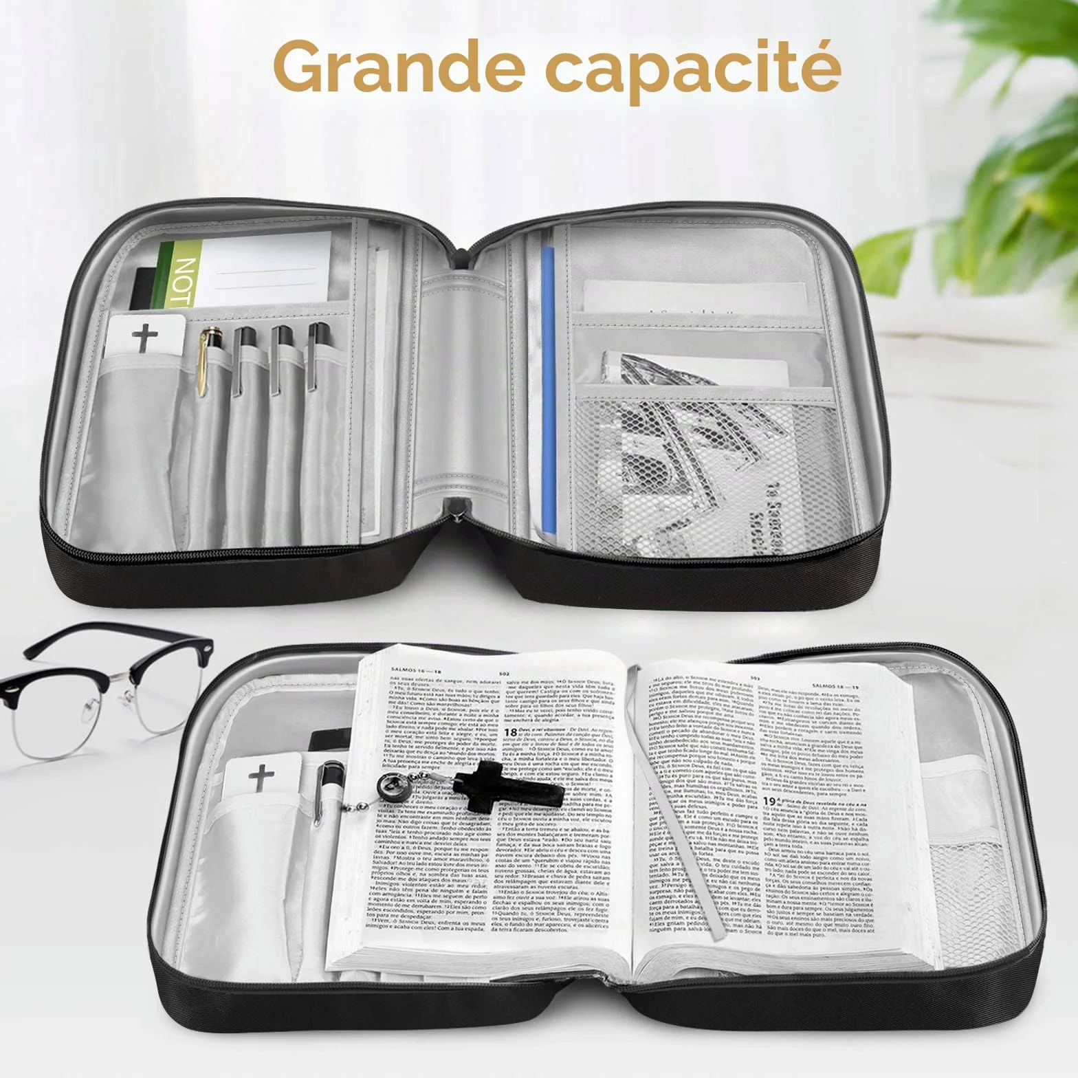 FINPAC Étui de protection Bible avec poignée poche zippée taille standard Noir