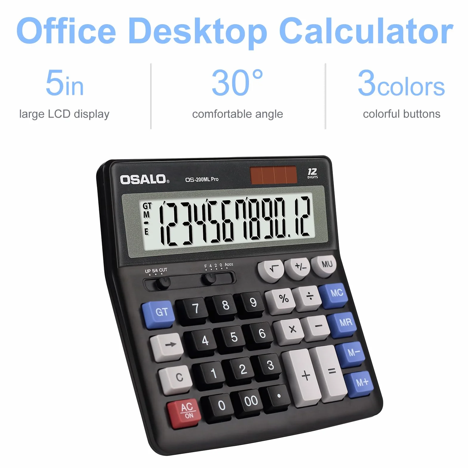 OSALO Calculatrice de bureau extra large grand écran LCD 12 chiffres comptabilité bouton réponse géant batterie solaire