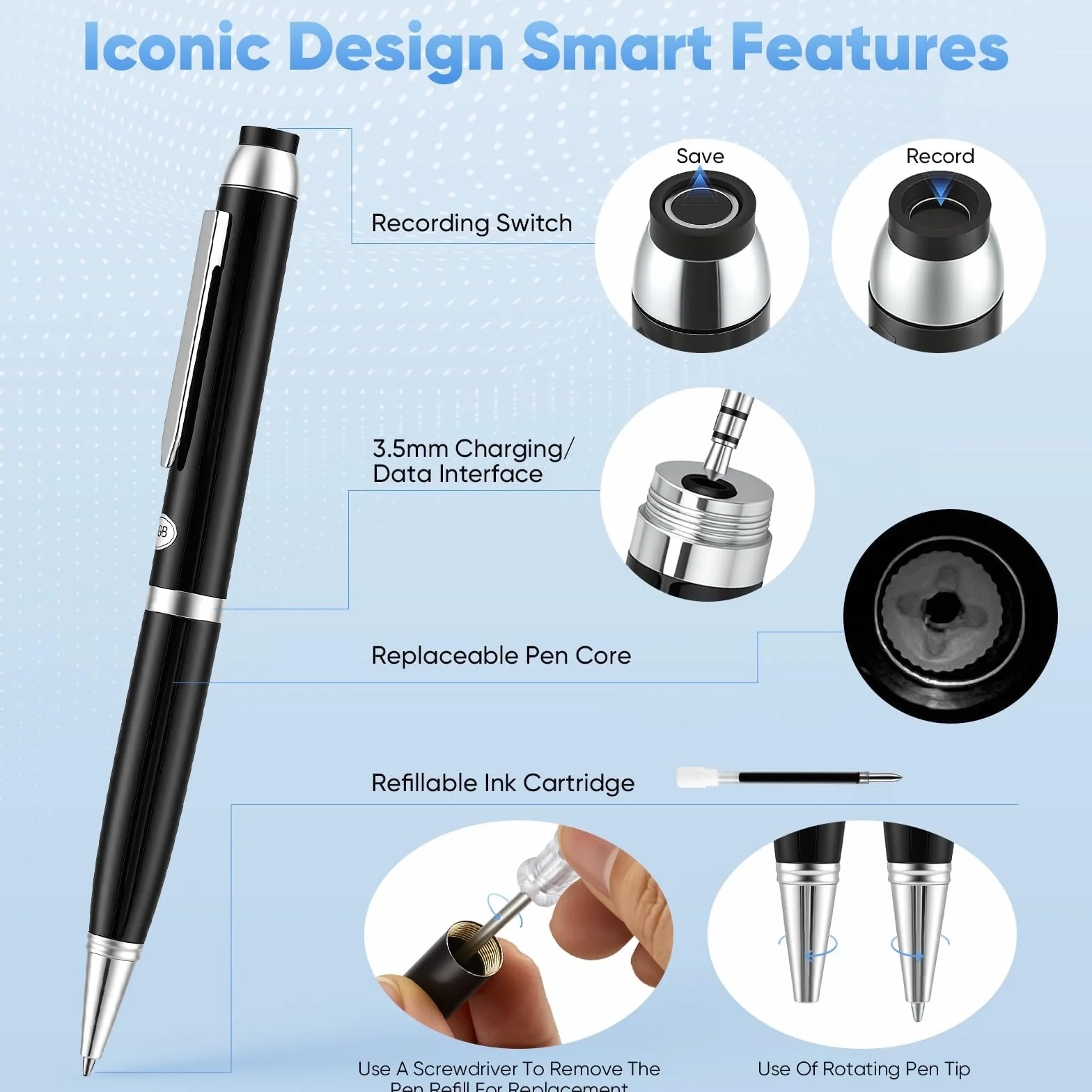 Stylo Enregistreur Vocal IA 64 Go, Transcription & Traduction en Temps Réel, Micro 360°, 10h Autonomie