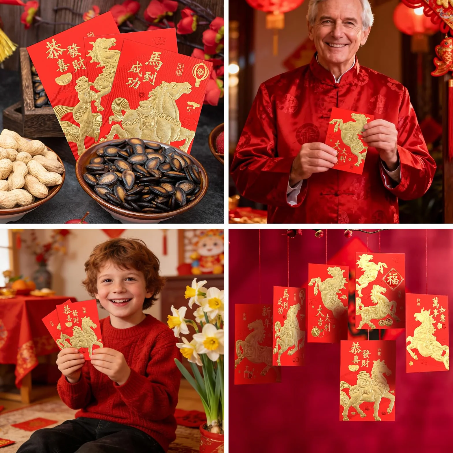36pcs Enveloppes Rouges Nouvel An Chinois 11,5x8cm Porte-Bonheur Fête Printemps 2026 Année Cheval 6 Modèles