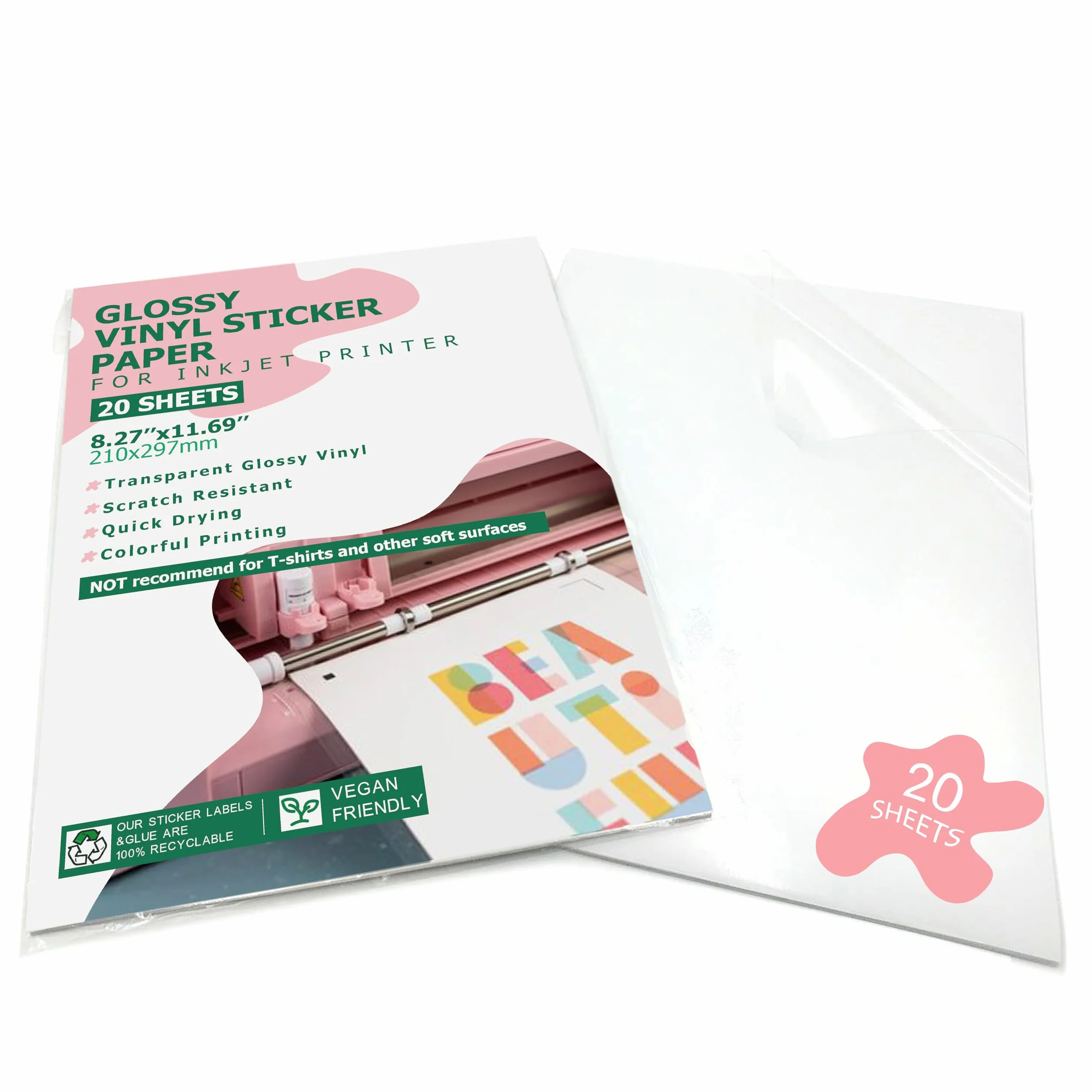 Papier autocollant en vinyle A4 transparent brillant pour imprimante jet d'encre