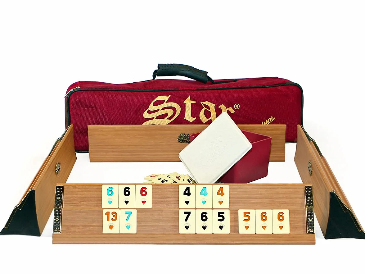 Kit de jeu Okey/Rummy de qualité supérieure - Bois massif - Pions en mélamine - Sac de transport rembourré - 104 pierres + 2 jokers + dés (clair)