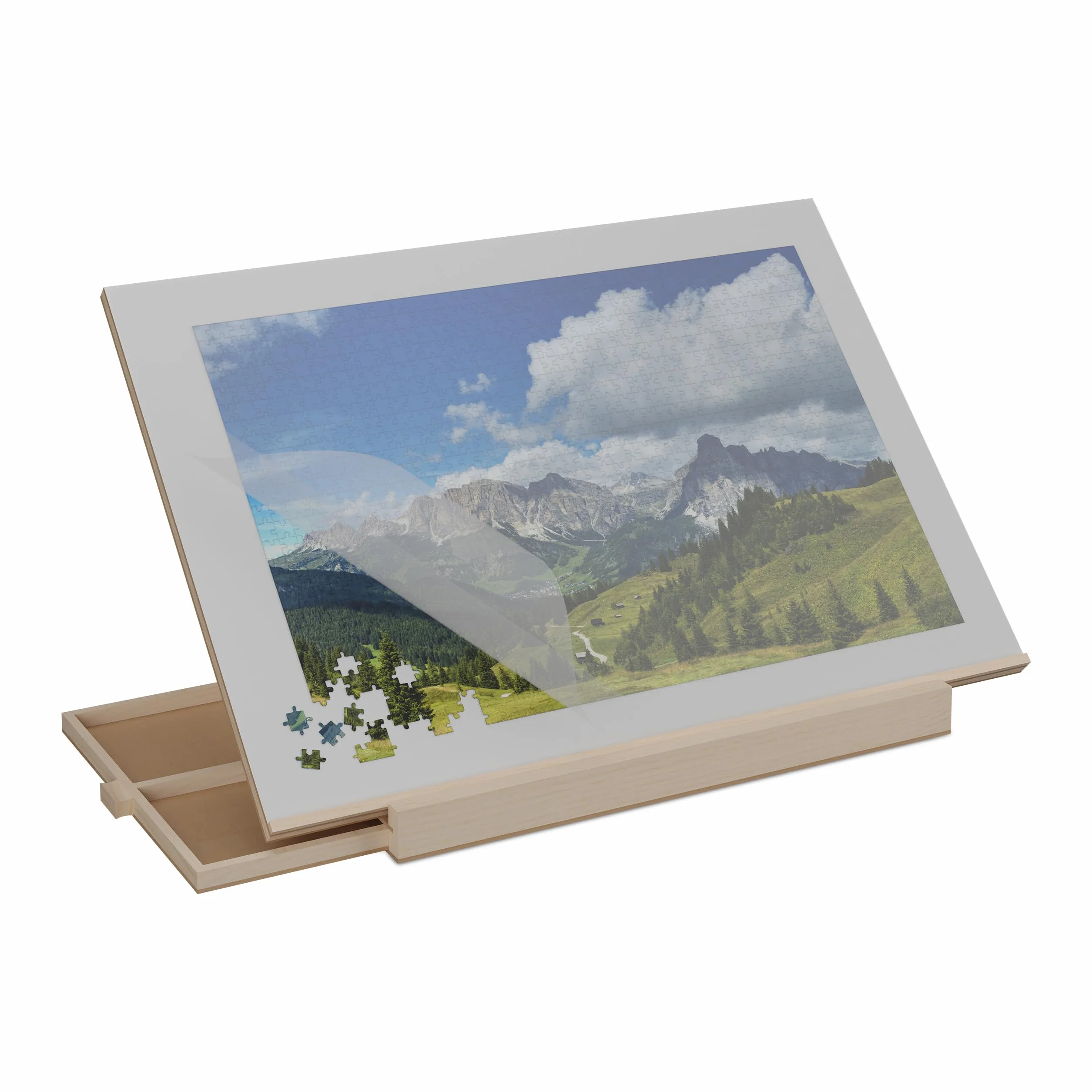 Relaxdays Plateau pour Puzzle allant jusqu'à 1 000 pièces, Ergonomique, 2 tiroirs, Bois de pin, Nature et Gris