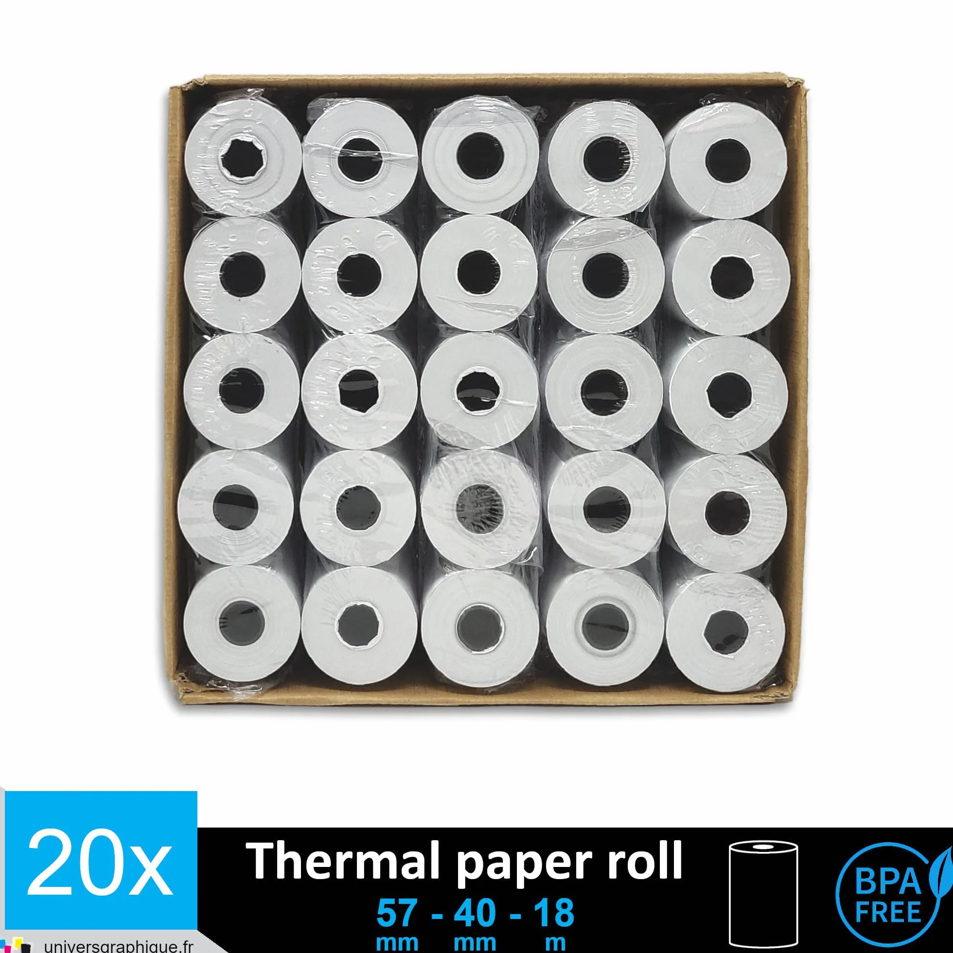 Papier thermique 57 x 40 x 12 rouleaux 20 pièces pour terminal de paiement TPE