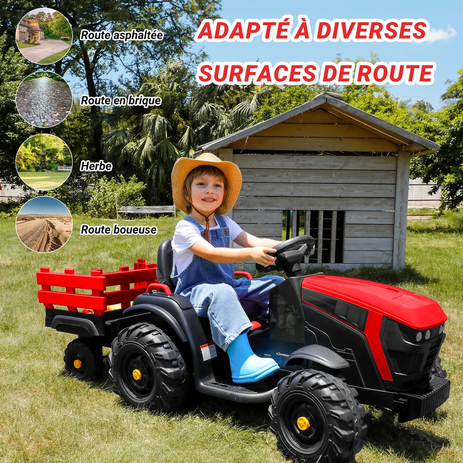 ELEMARA 24V 9AH Tracteur Electrique Enfant avec remorque Amovible Facile,400W Motors Voiture électrique Enfant, Jouet Tracteur Electrique,Ceinture de sécurité à 3 Points pour Les âges 3 +, Rouge