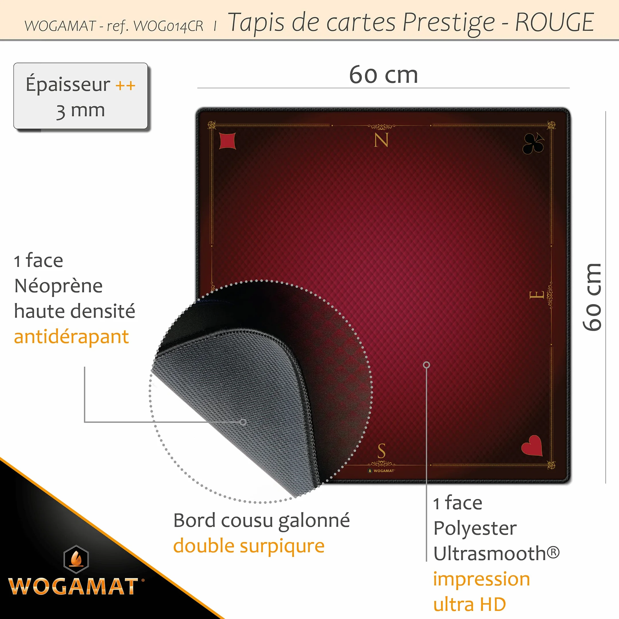 WOGAMAT Tapis De Carte À Jouer Luxe Rouge Poker Contrée Coinche 60 X 60 Cm Neoprene Epais Antiderapant