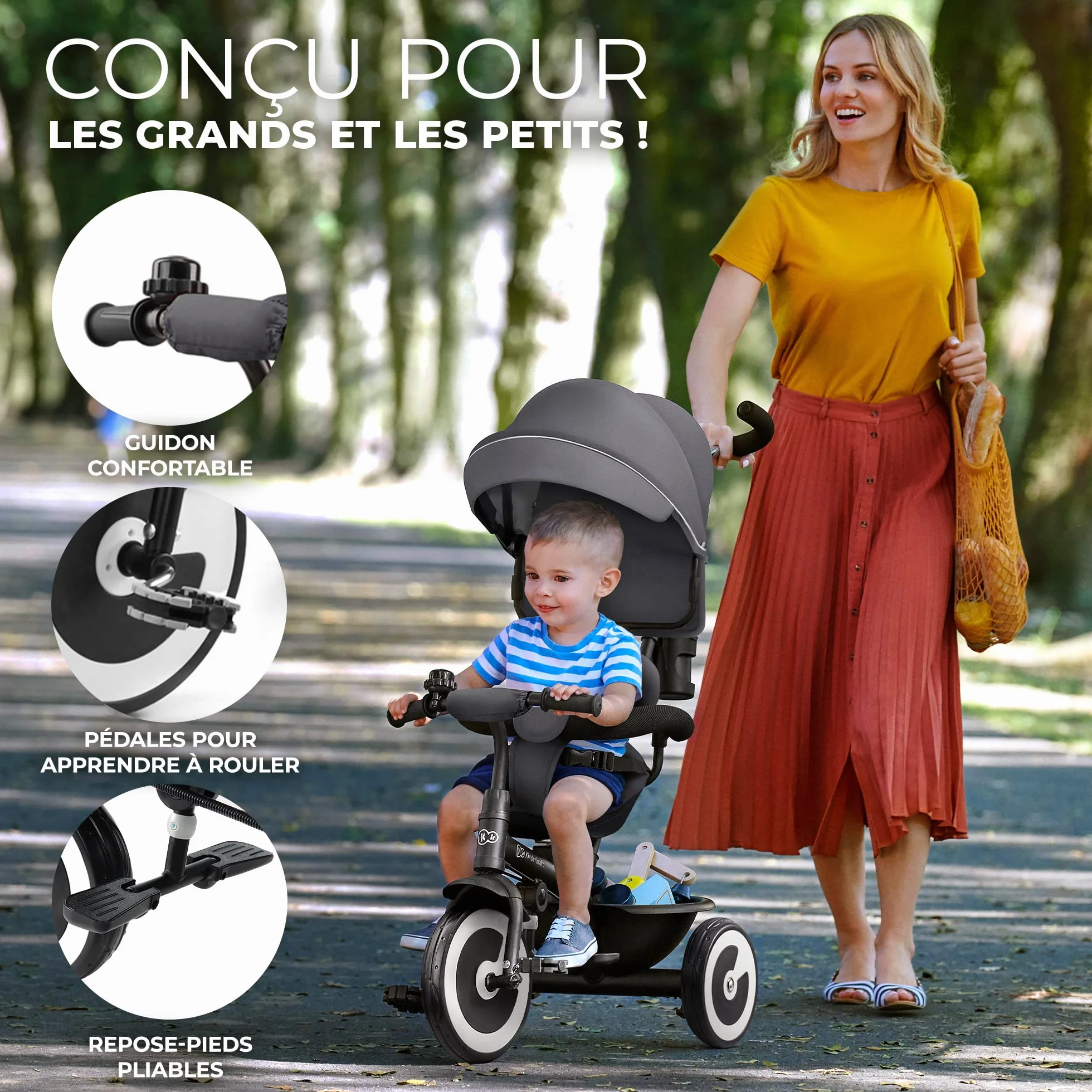 Kinderkraft Aston Tricycle Évolutif Bébé, Draisienne, Trike, Velo Poussette, Enfant 5 Ans, 9 Mois, Compact, Capote Pliante, Vert