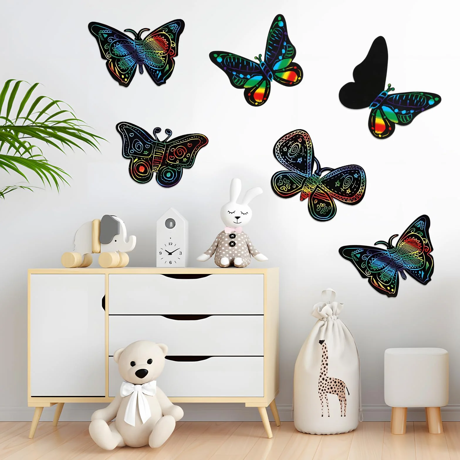 Carte à Gratter Papillon 48 Pcs, Scratch Art Enfant Arc-En-Ciel, Magique Papier a Gratter avec Stylo en Bambou, 12 Motifs