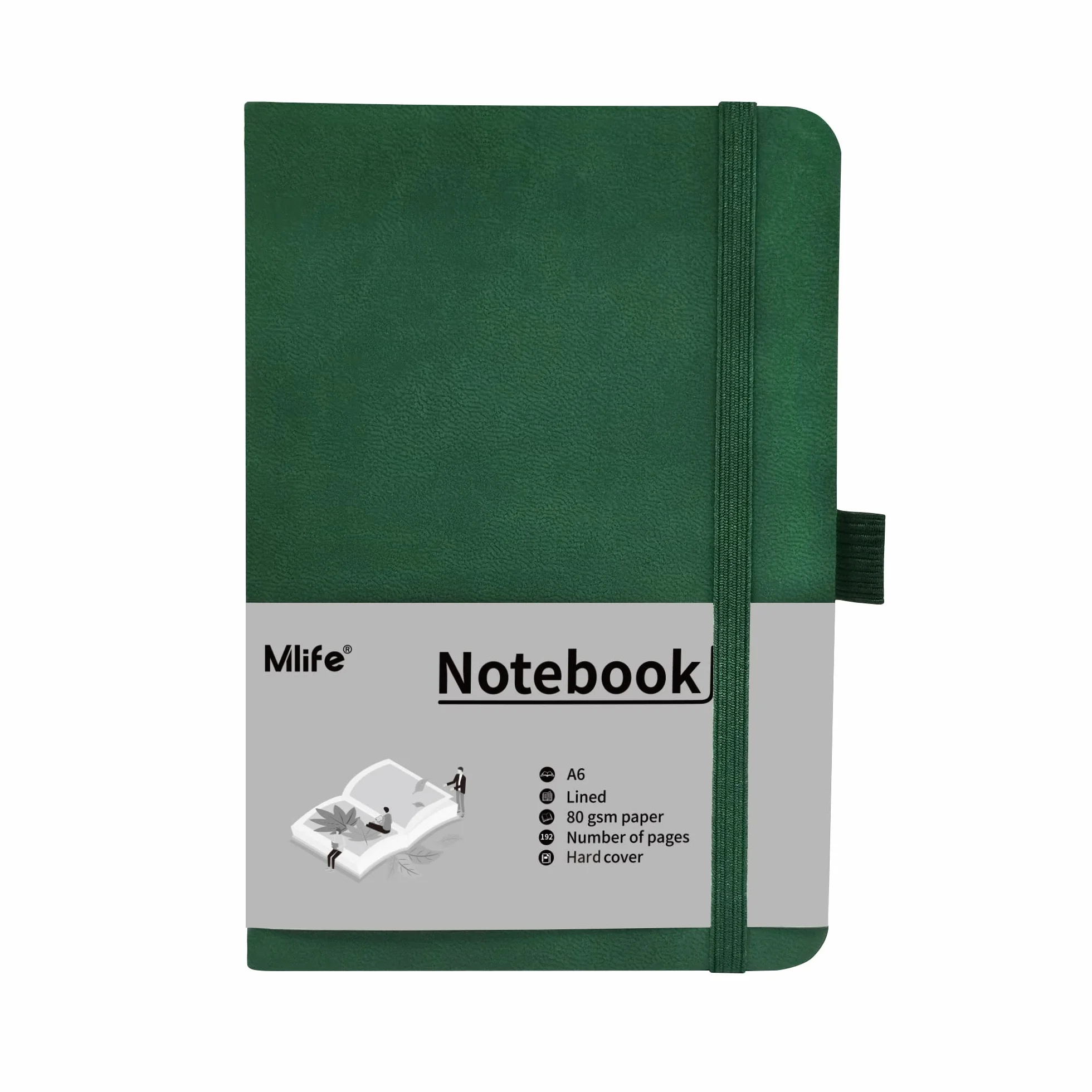 Mlife Carnet de notes A6 192 pages Couverture rigide Bande élastique Pochette pliable Vert