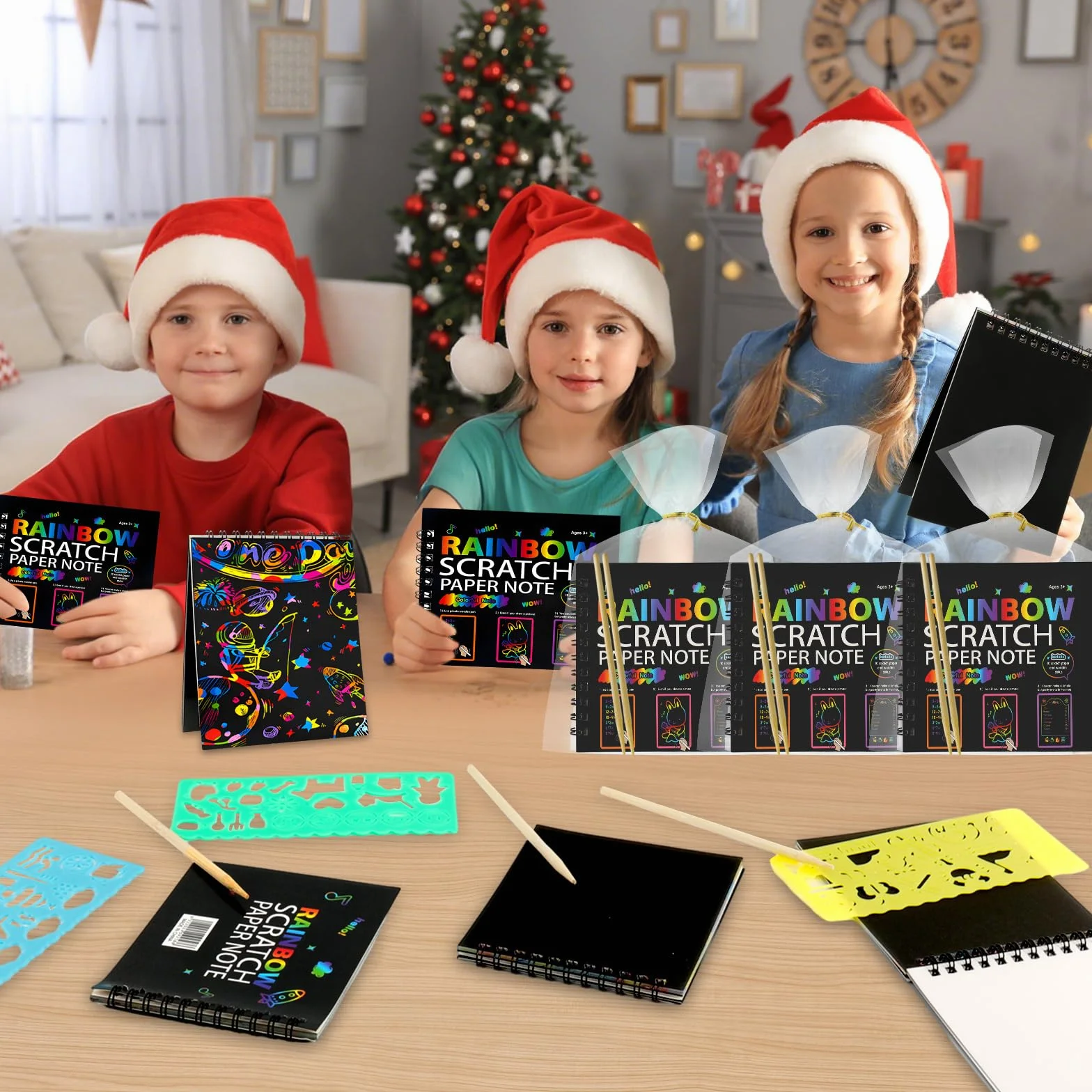 Carte à Gratter Enfant 12 Pack Notes Arc-en-ciel Livre d'Art à Gratter avec Stylo Bambou