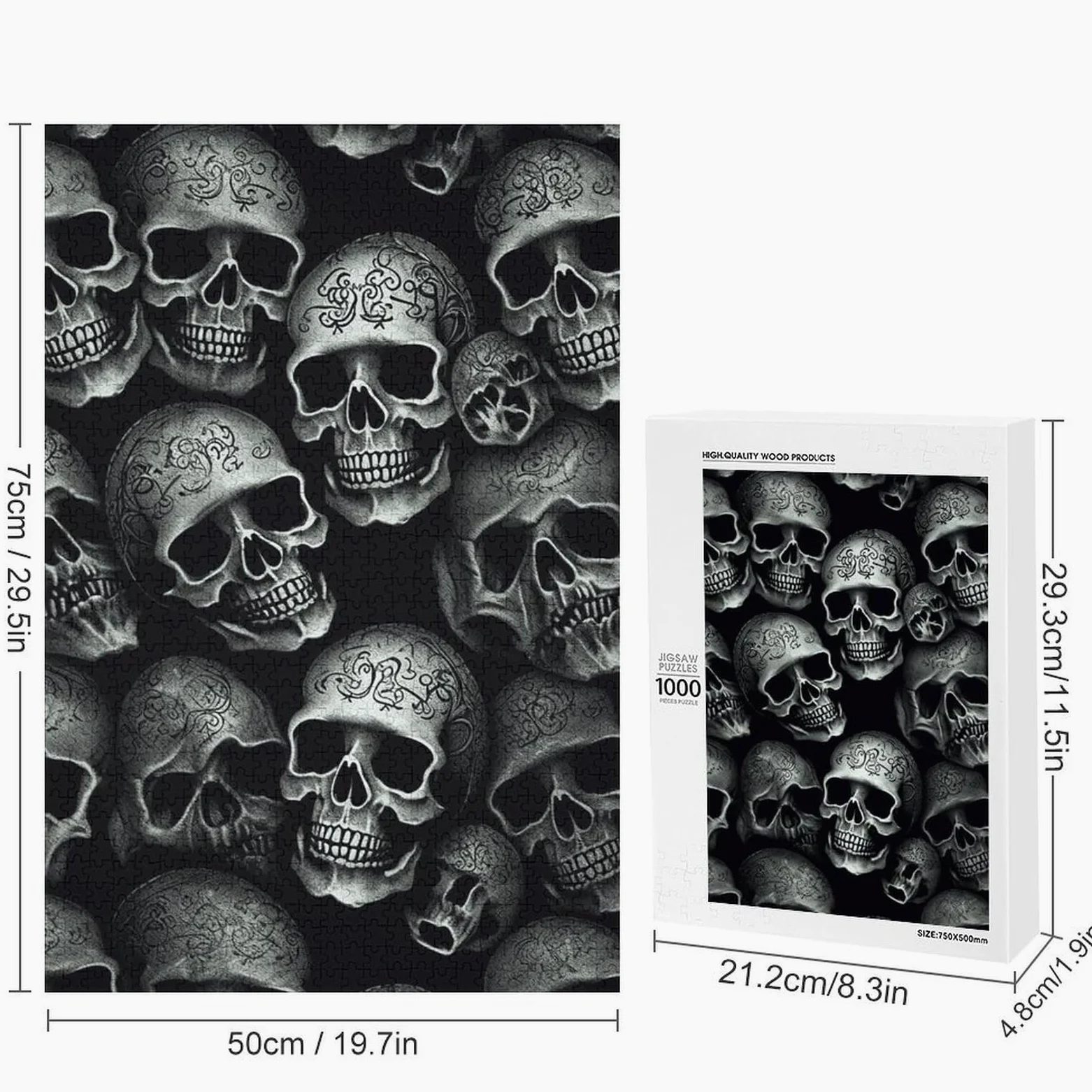 Casse-tête en bois pour adultes pour décoration d'intérieur, casse-tête de mort noir de forme unique avec boîte exquise, puzzle en bois personnalisé de 1 000 pièces pour cadeau de famille, voyage