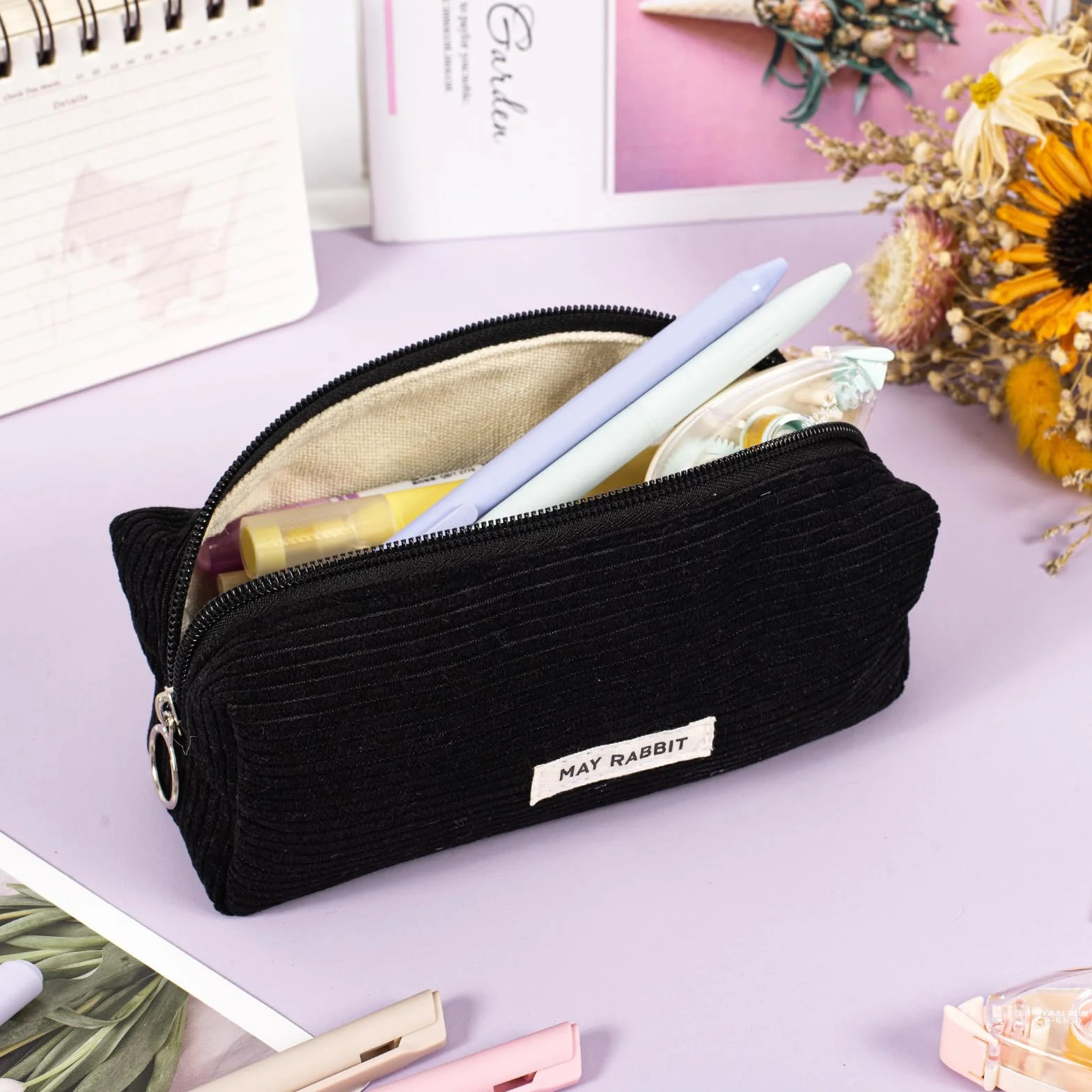 Zouwel Trousse Scolaire Kawaii Etui à Crayons Junior Velours Côtelé Noir