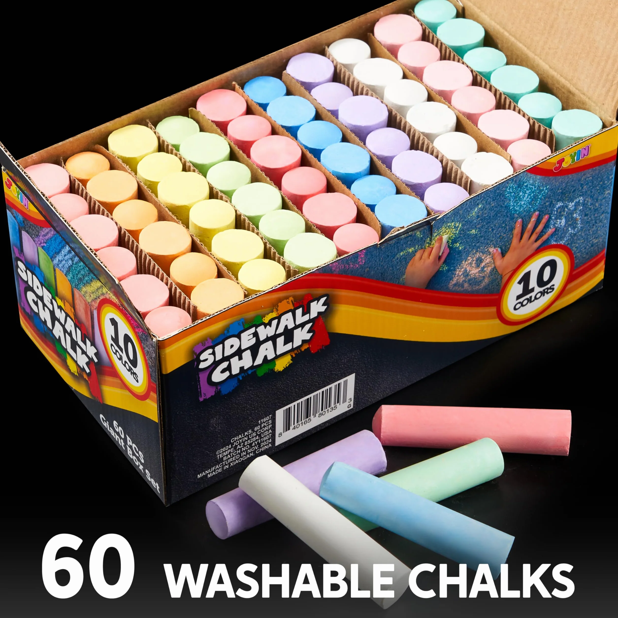 JOYIN Craies Jumbo lavables non toxiques 60 pièces 10 couleurs pour extérieur peinture tableau magnésium