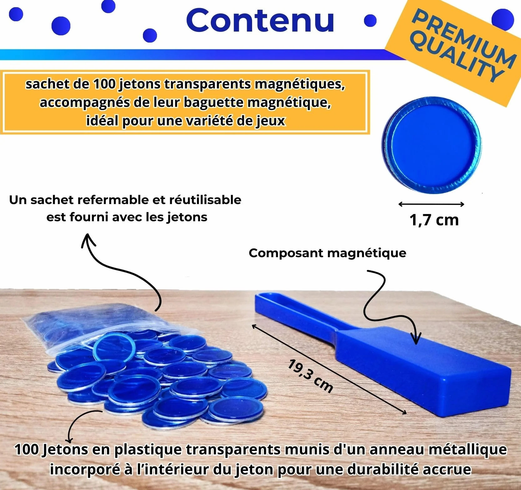 Bolibo JETON Loto magnétique - 100 Pions 17 mm - Couleur au Choix Bleu