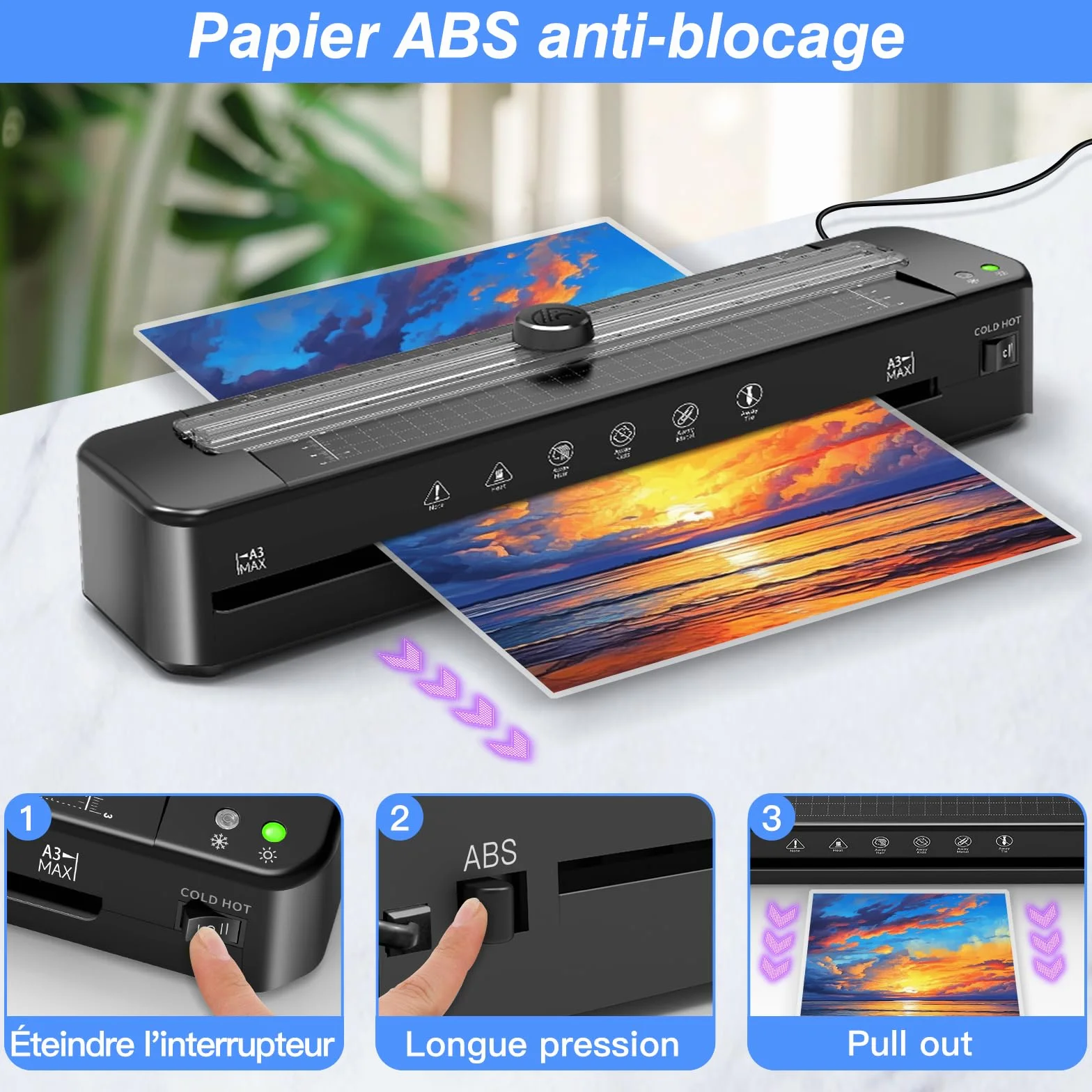 Plastifieuse A3 70S échauffement rapide avec 30 feuilles plastification coupe-papier ronde angle noir