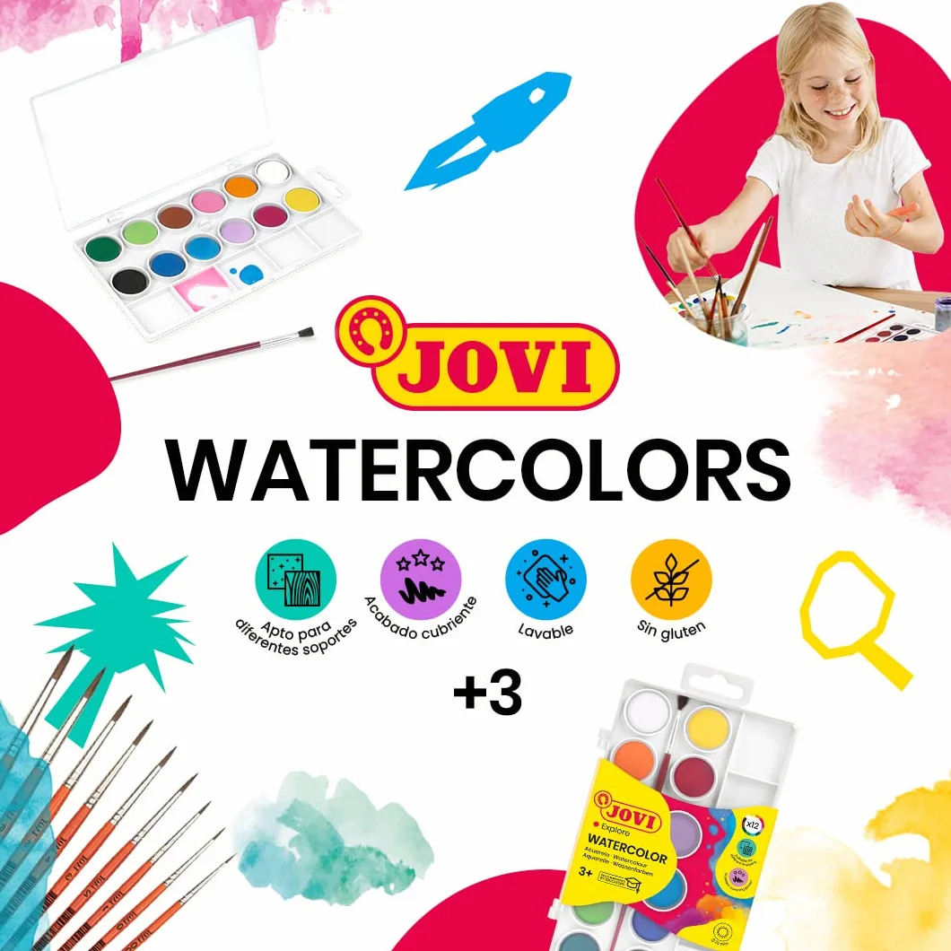 Jovi Kit Aquarelle 12 Godets 22mm Couleurs Brillantes Peinture à l'Eau