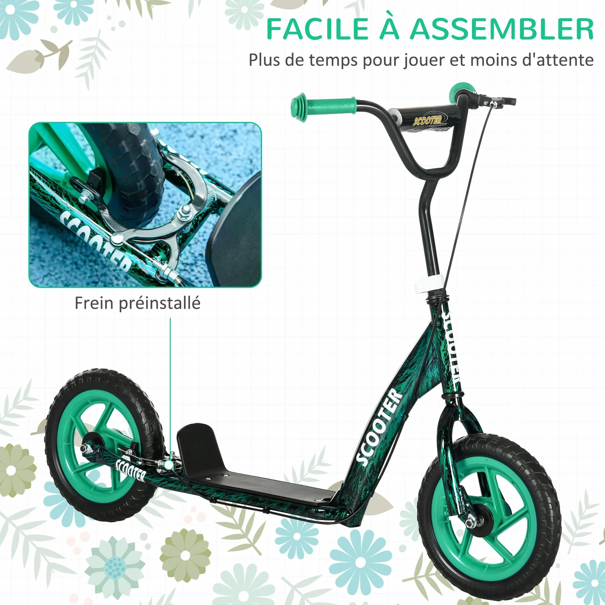 AIYAPLAY Trottinette Enfant 6-12 Ans Grandes Roues 30 cm Hauteur Réglable Frein Arrière Béquille