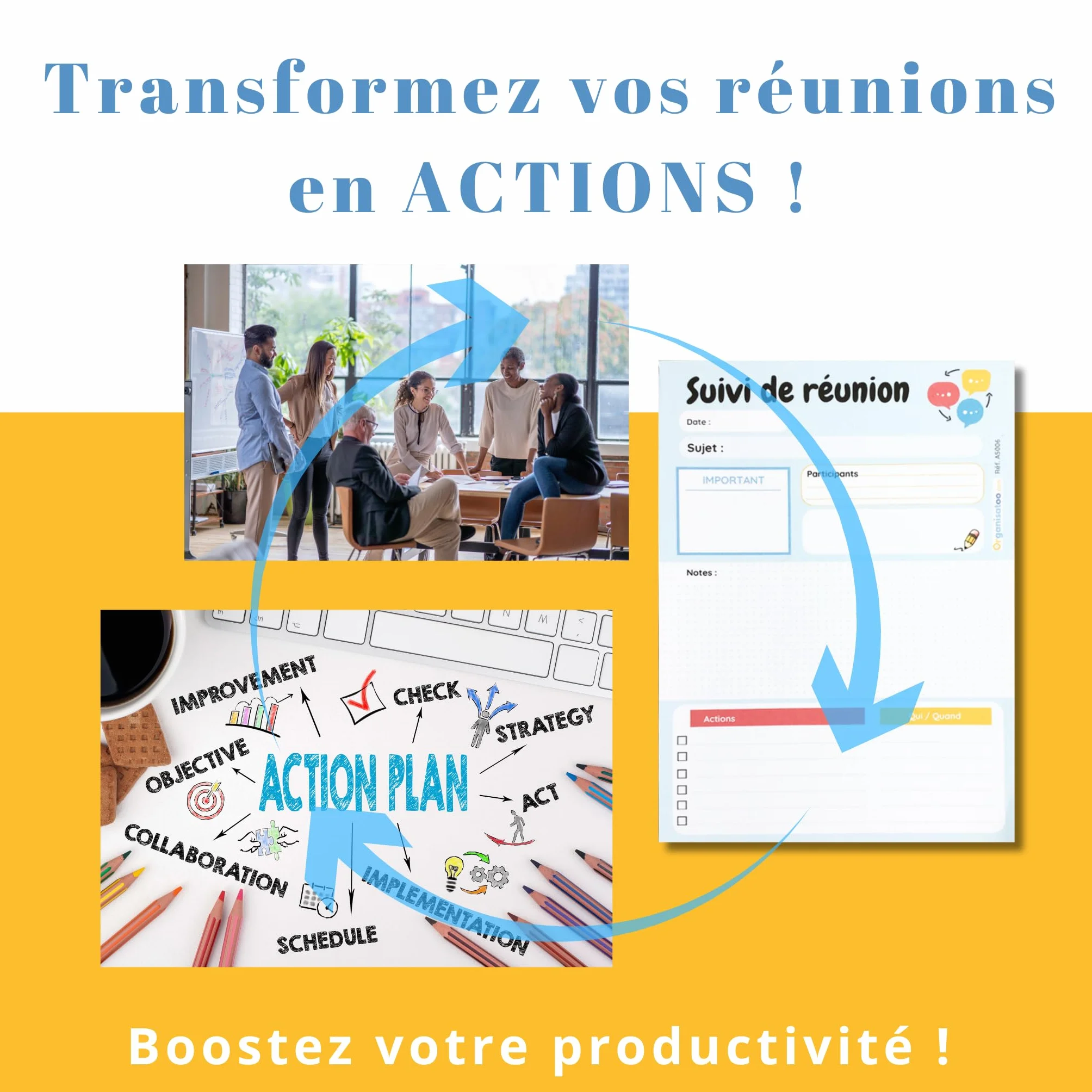 Bloc-notes suivi de réunion A5 50 pages détachables pour équipe managers entrepreneurs