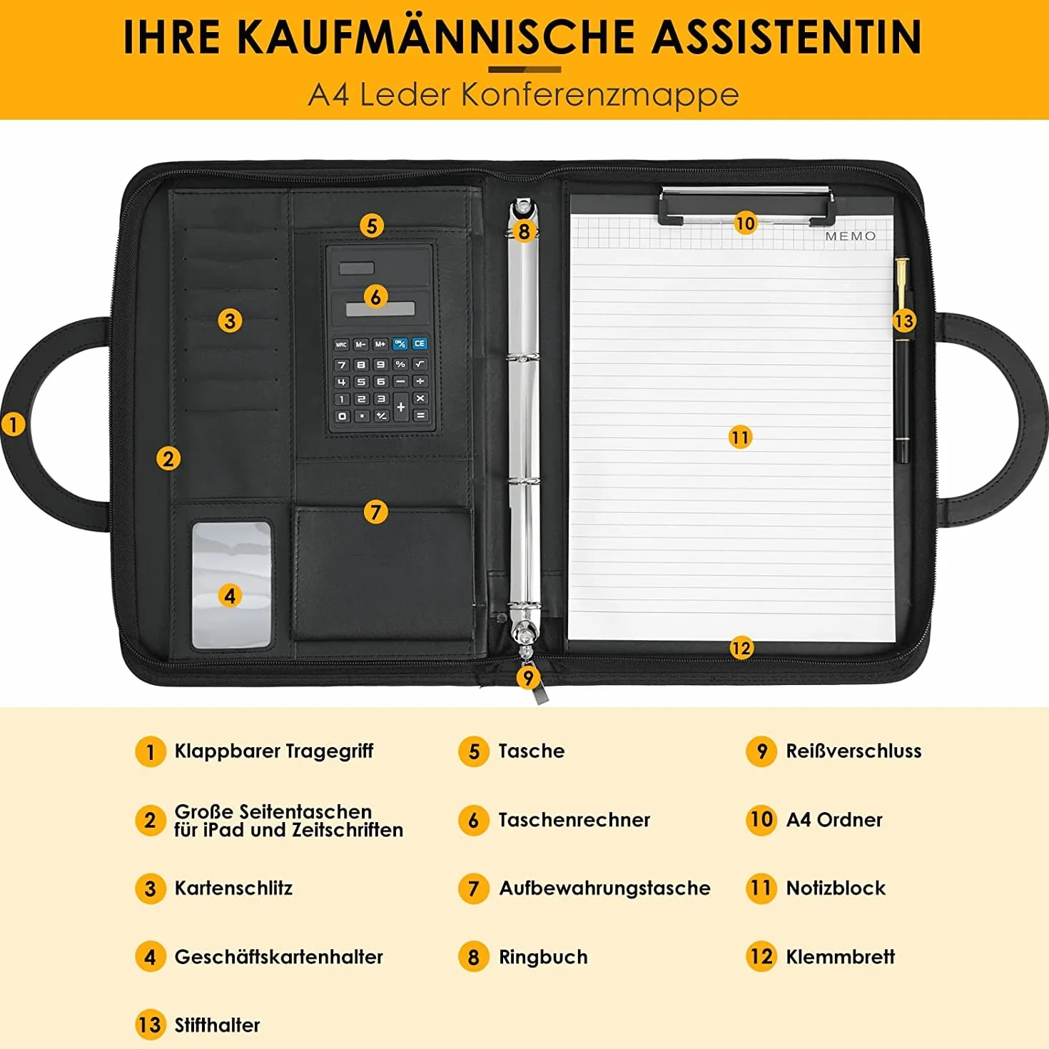 Porte-Document A4 Cuir avec Fermeture Éclair Étanche Classeur à Anneaux Noir