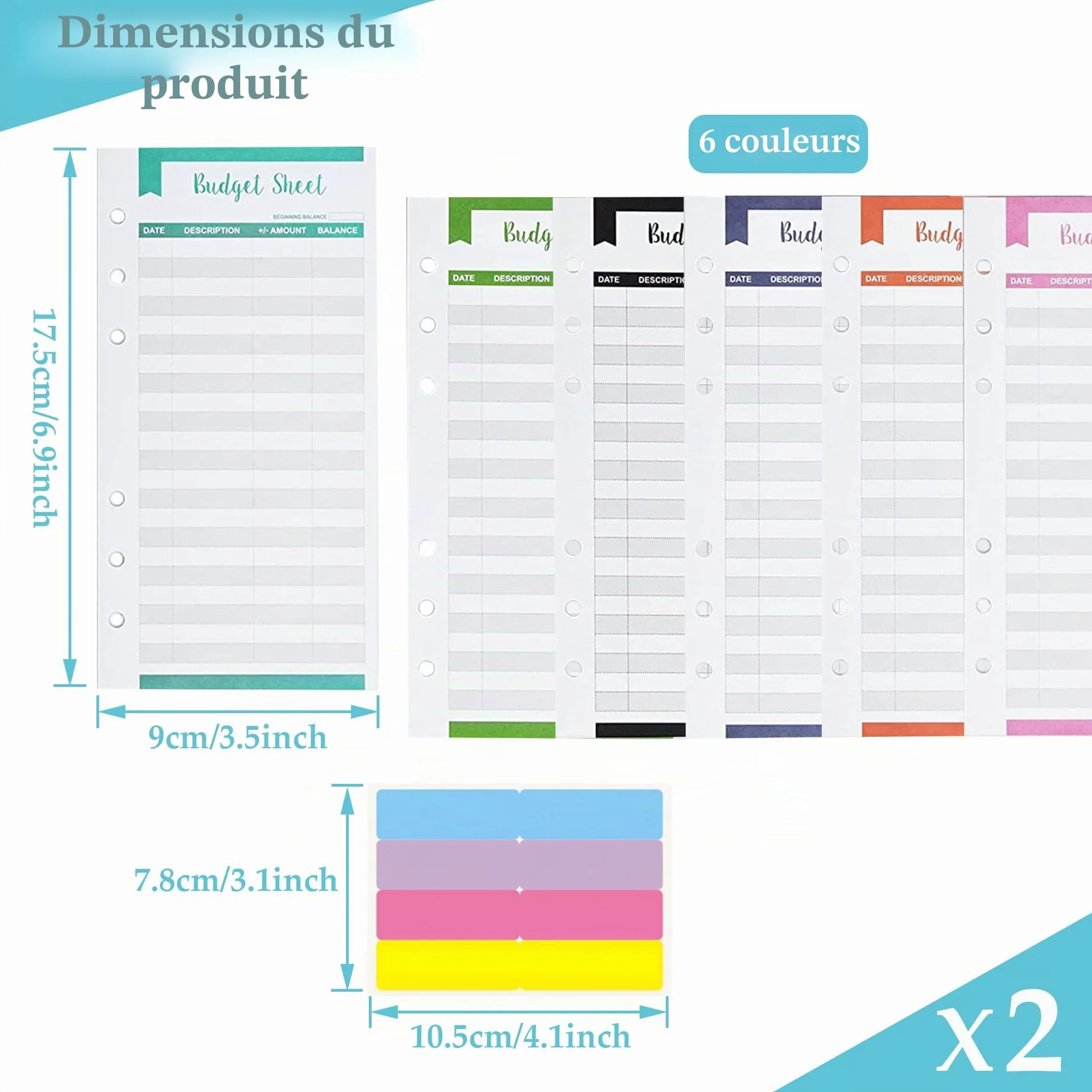 Planificateur de budget A6 6 trous 24 feuilles avec étiquettes autocollantes recharge papier