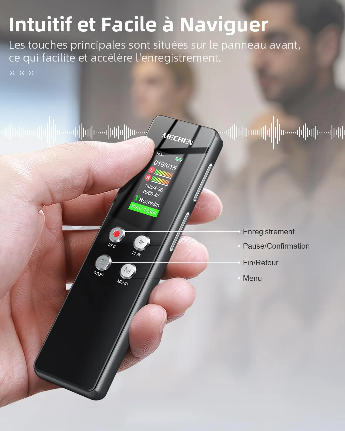 MECHEN V01 Dictaphone 128 Go enregistreur vocal VOX réduction bruit 300 mAh