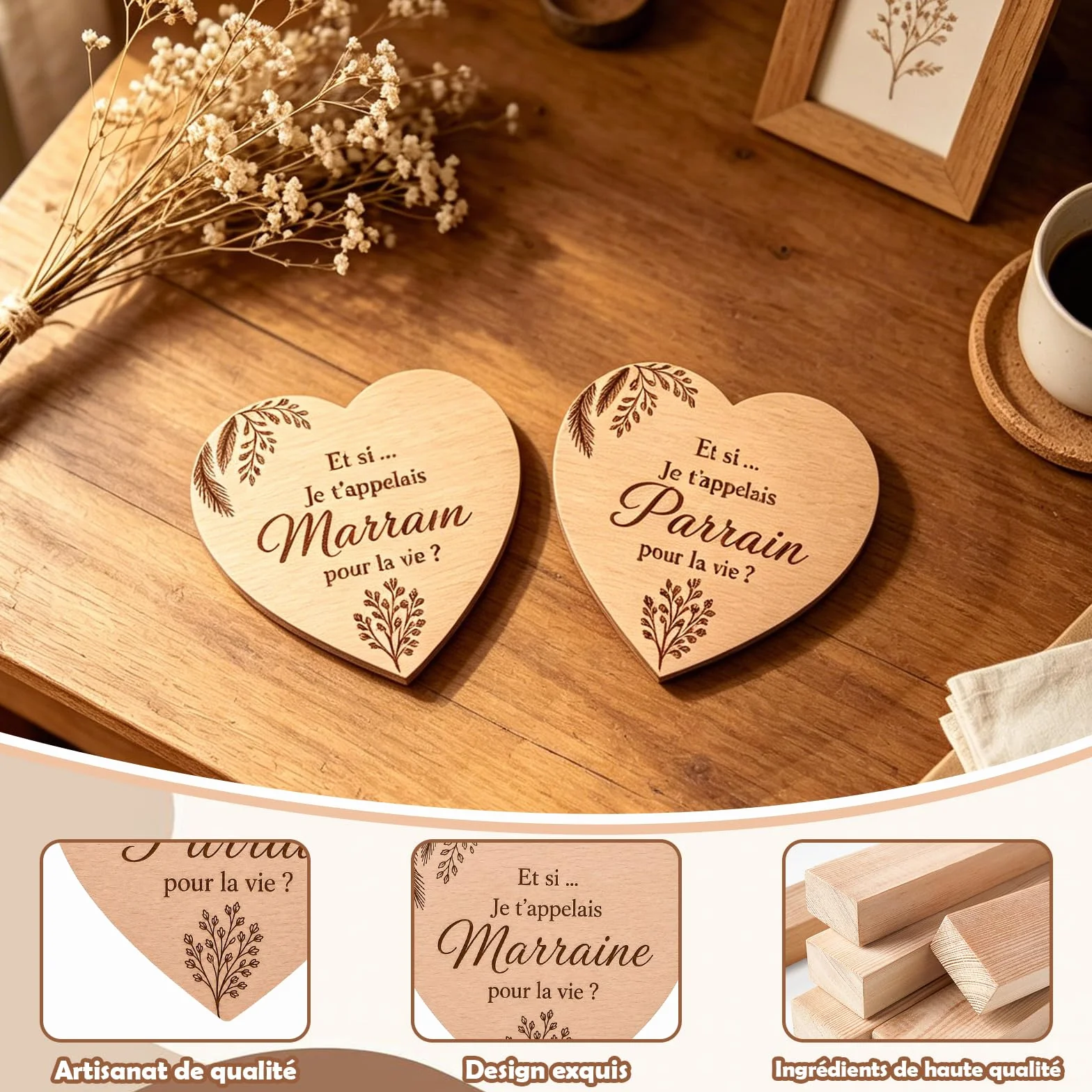 Cœurs Gravés Parrain Demande Marraine Baptême Naissance Lot 4 Pièces 10x9 cm Enveloppes Kraft Cadeau Bébé Famille