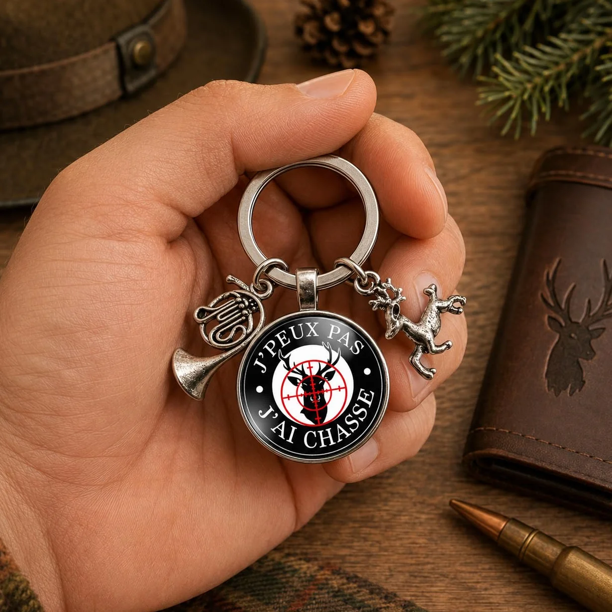 Porte clés chasseur avec breloques cor de chasse et cerf « j'peux pas, j'ai chasse » - Idée cadeau original pour chasseur