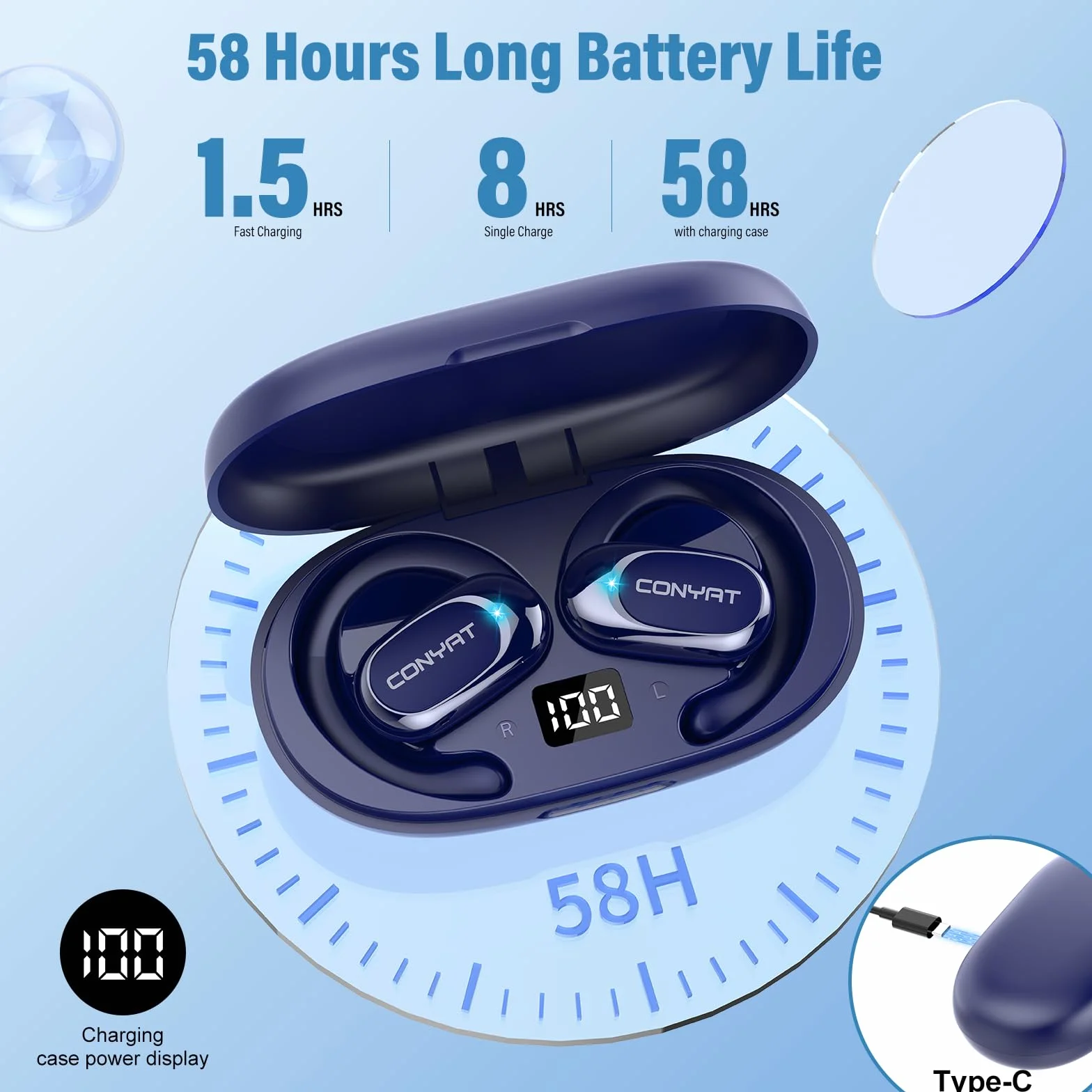 AI Ecouteur Traducteur Instantané Bluetooth 5.4 58H Open Ear 7 Modes de Traduction Bleu