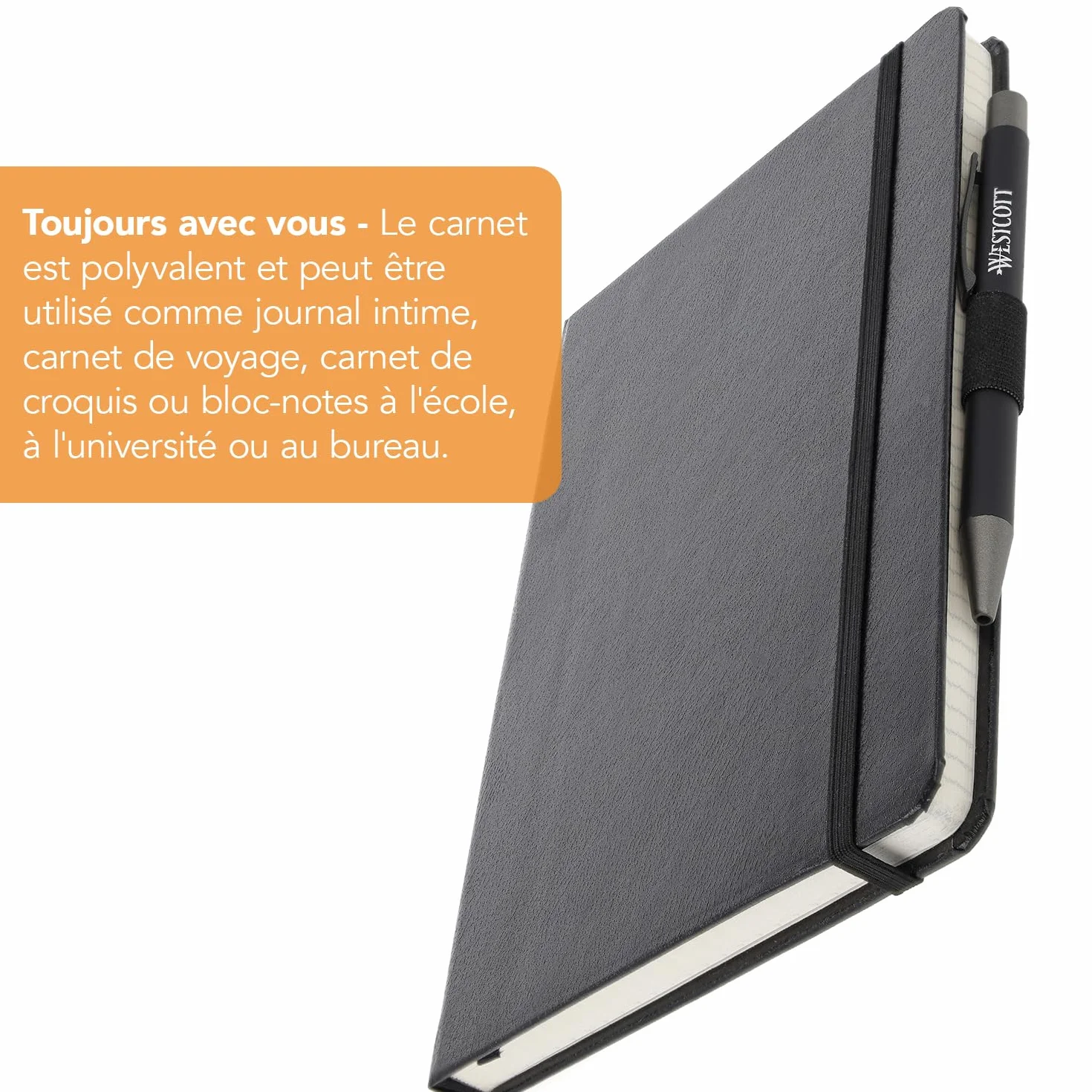 Westcott Carnet de notes DIN A5 quadrillé 192 pages 80 g/m² papier FSC-Mix avec poche intérieure marque-page porte-stylo