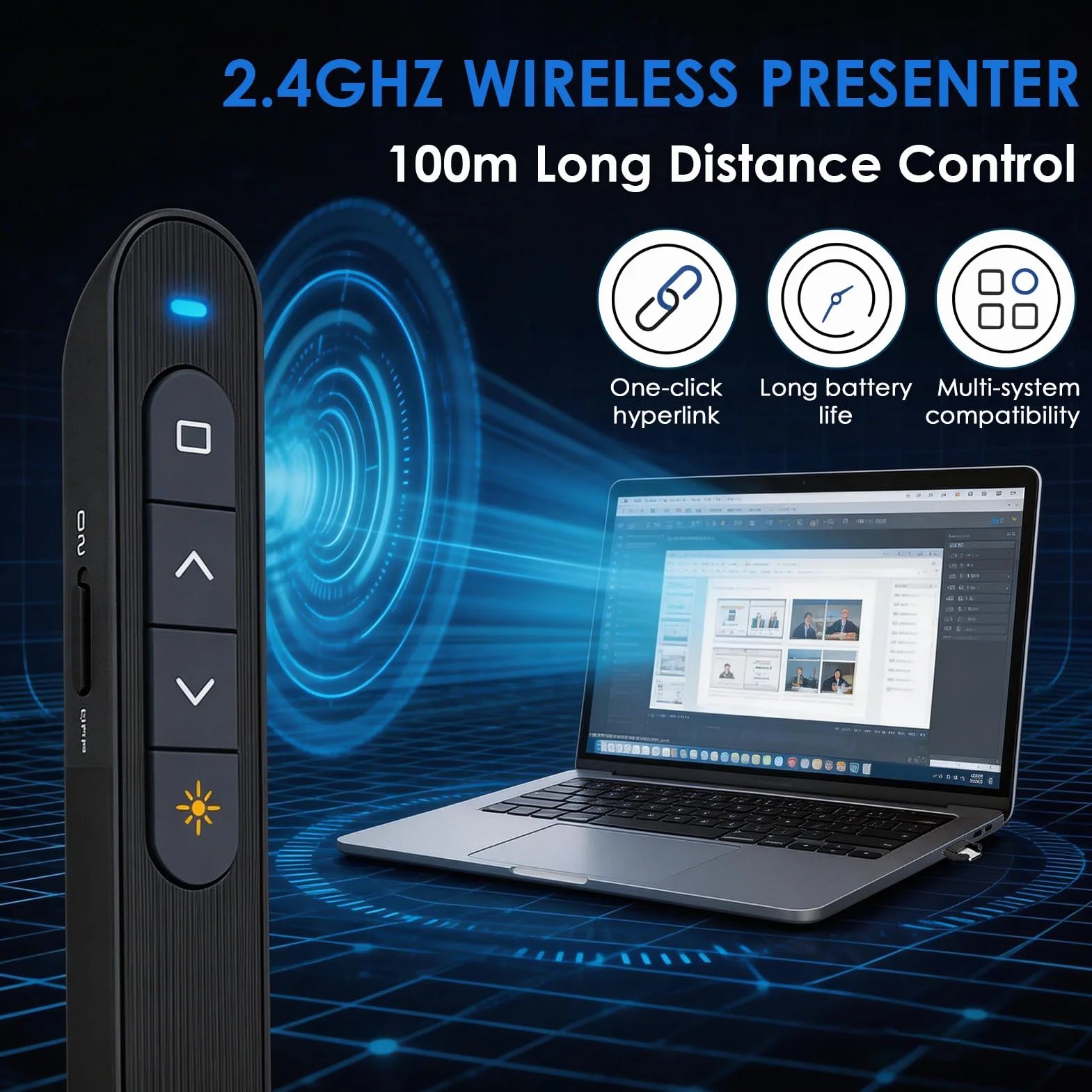 Télécommande de Présentation sans Fil 2-en-1 USB-C & USB-A, Pointeur PowerPoint 2,4 GHz avec Contrôle du Volume et Hyperliens