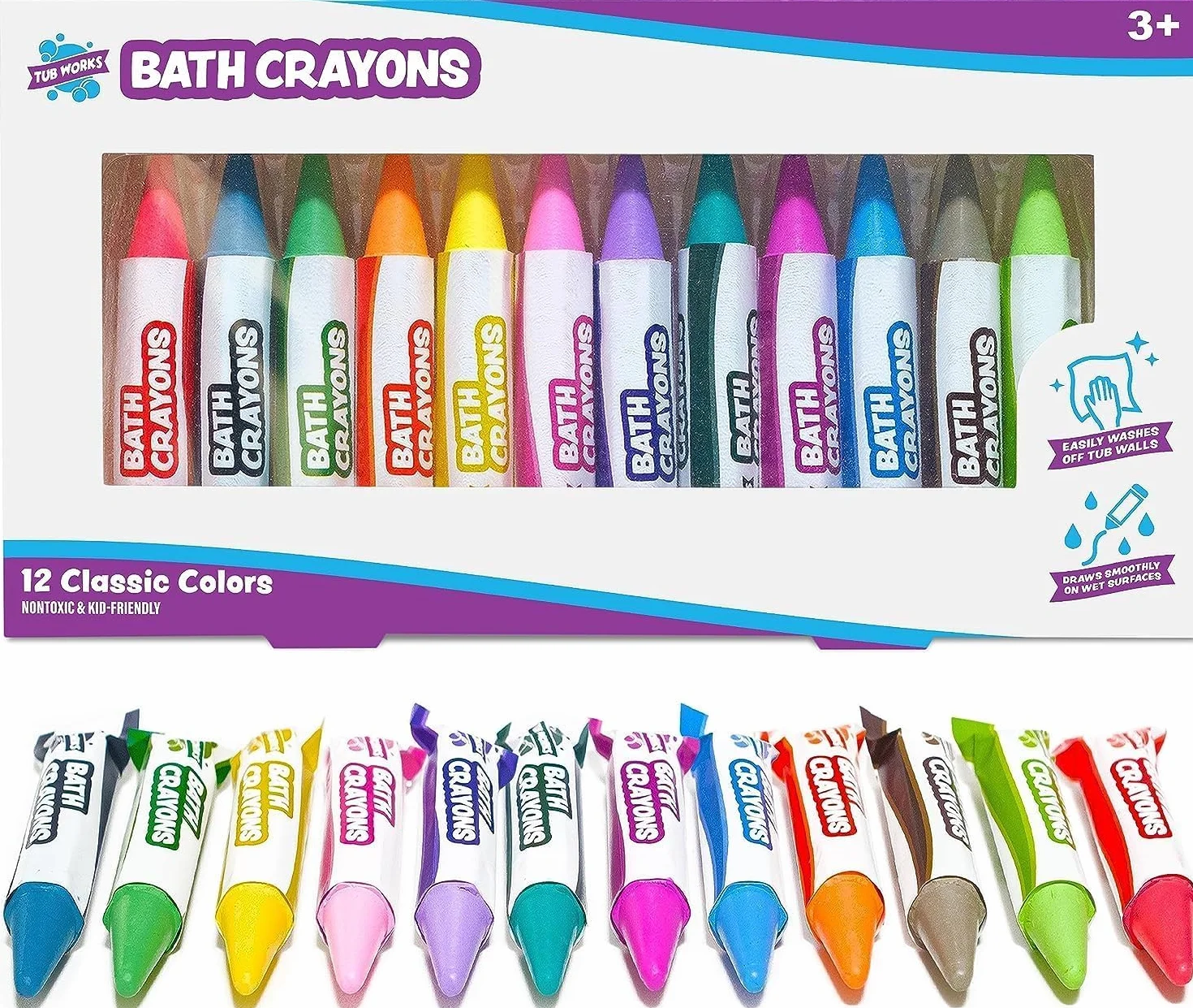 Crayons de Bain Non Toxiques Lavables Lot de 12 Hexagonale pour Enfants