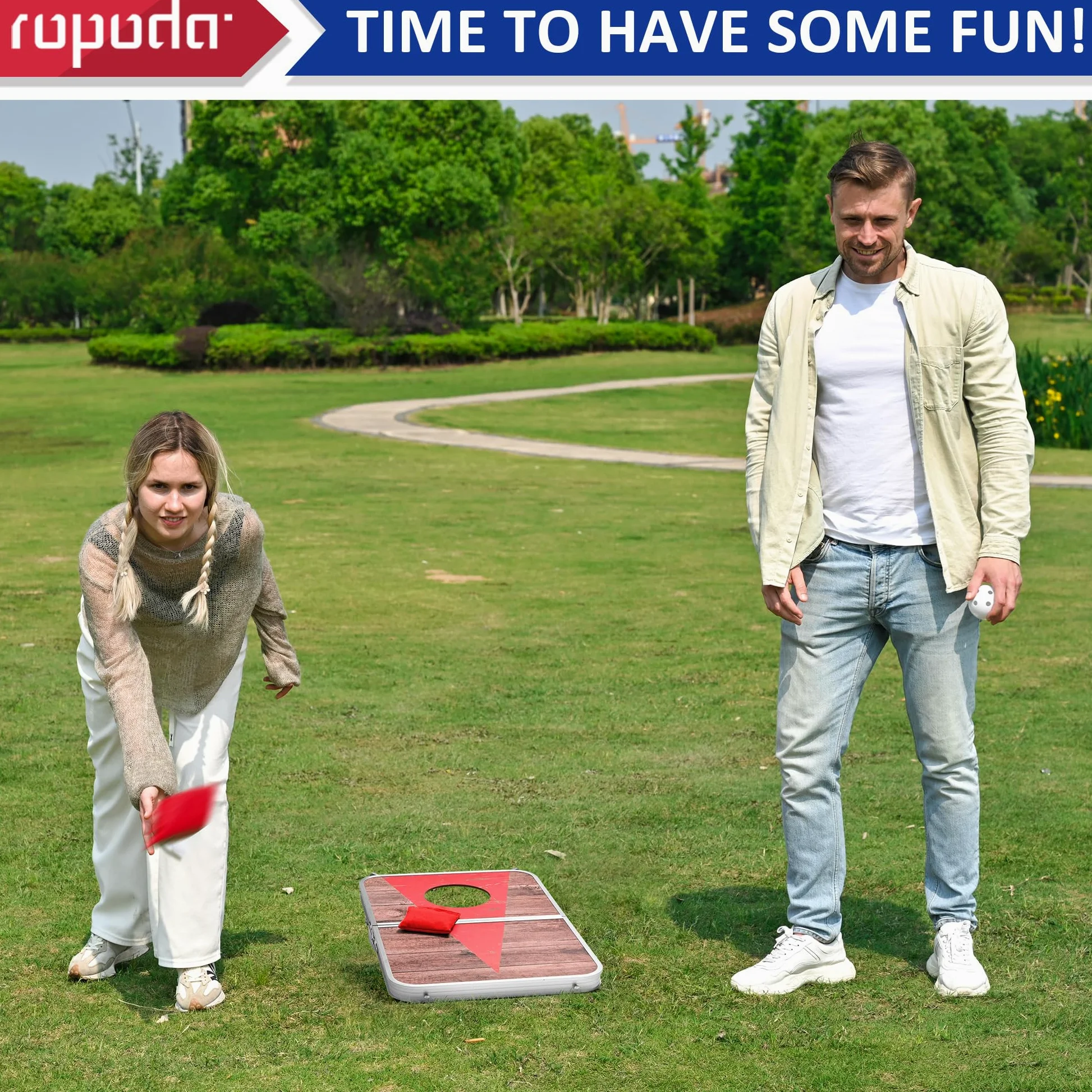 ROPODA Ensemble de Plateau Portable de 61 x 40,6 cm pour Adultes avec 8 poufs, Bordures en Alliage d'aluminium léger pour Jeux de Plein air, Plage et hayon.