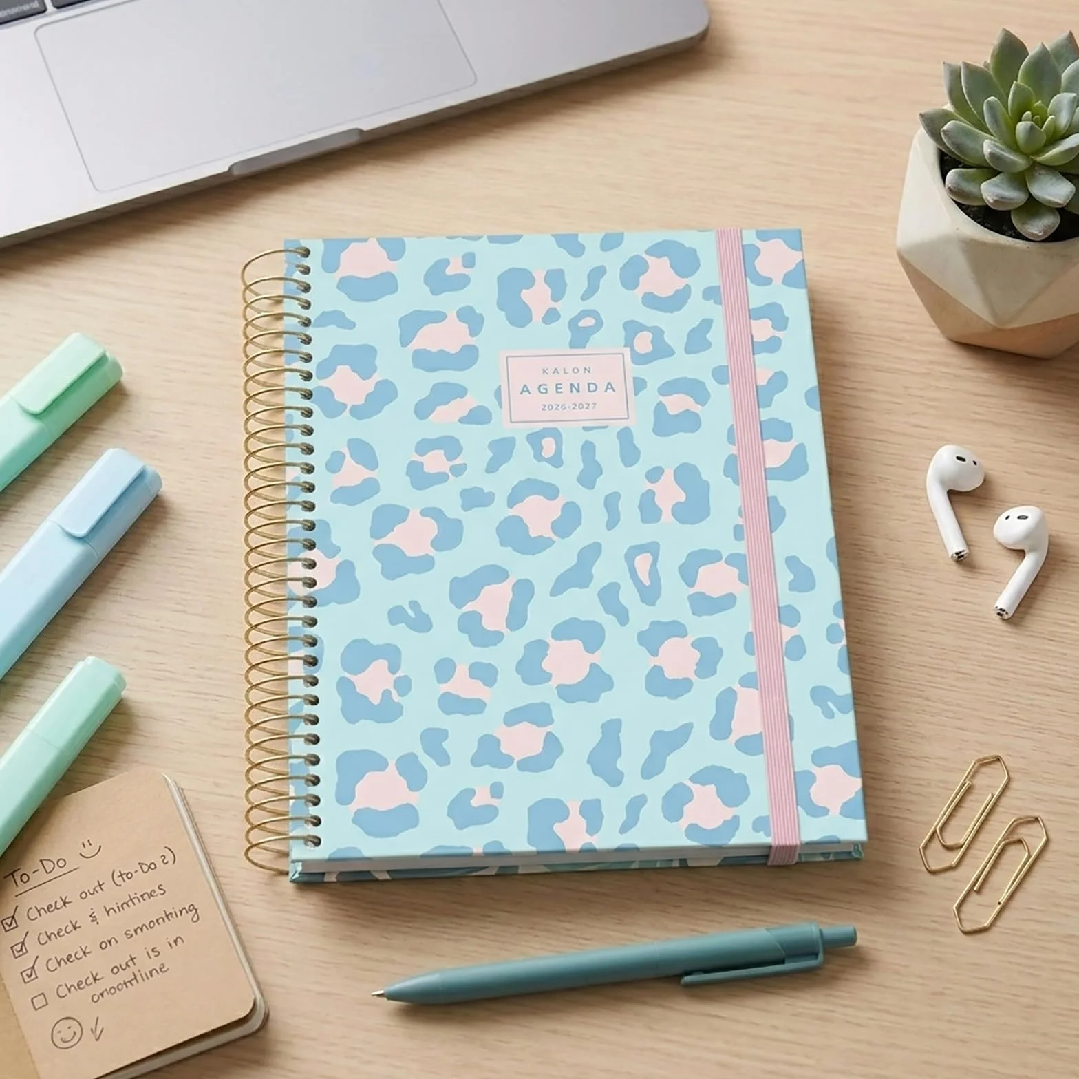 Agenda Scolaire 2026 2027 A5 15x21 cm Couverture Rigide Fermeture Spirale Élastique Langues ESP ENG FRA ALL Savanna