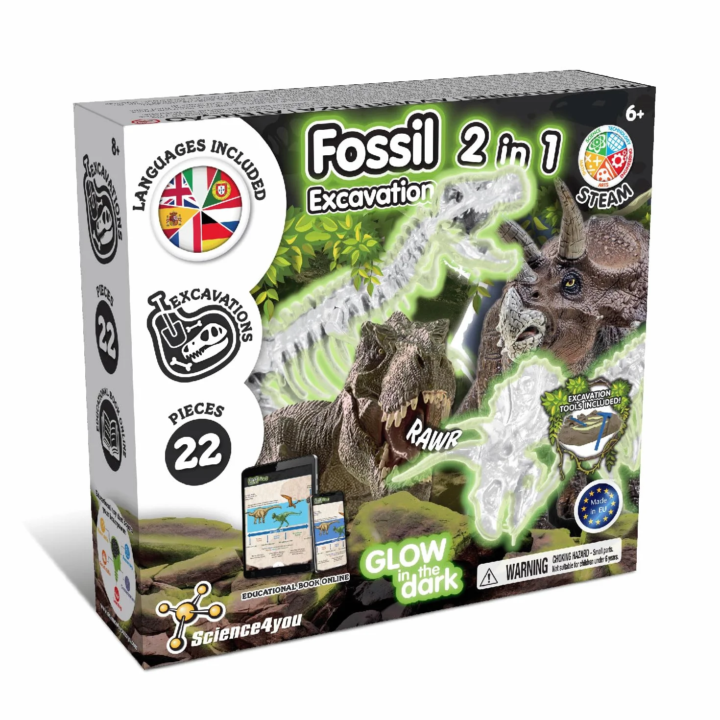 Science4you Kit de Fouille de Fossiles 2 en 1 - Excaver et Assembler 2 Dinosaures Qui Brille dans l'Obscurité, 22 pièces: T-Rex et Triceratops