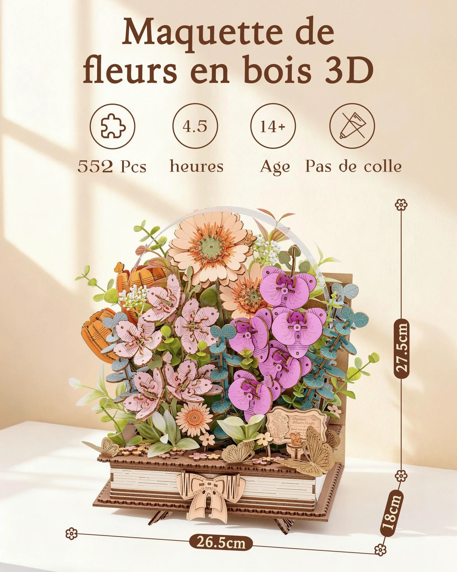 ROWOOD Puzzle de fleurs en bois 3D, livre de floraison en bois, kit de modèle de bouquet à faire soi-même, kits d'artisanat créatifs pour adultes, puzzle de fleurs décoratif, cadeaux d'artisanat pour