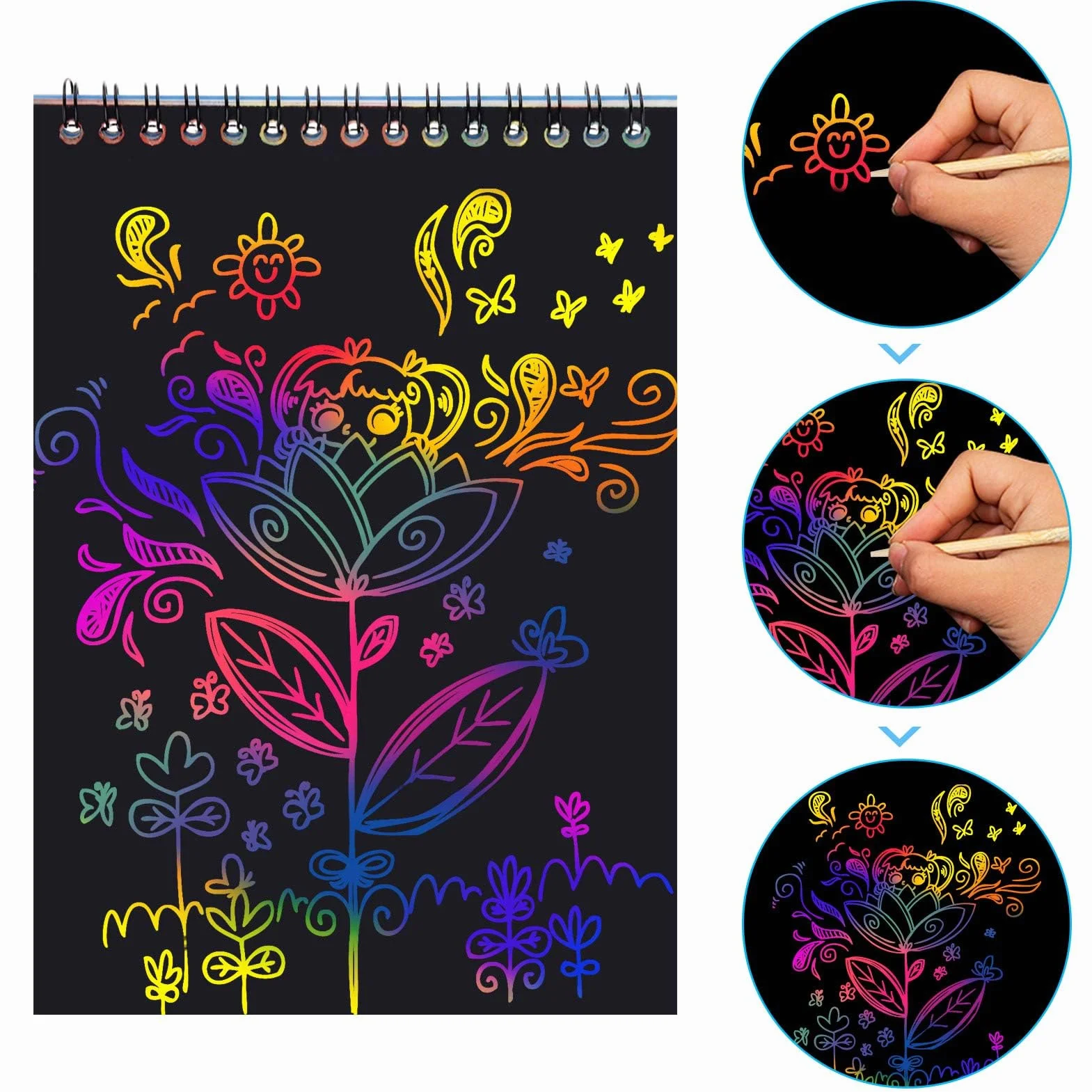 MELLIEX Dessin Gratter Enfants 2 Packs Scratch Art Livres Coloriage Papier Noir 4 Règles Gabarit 4 Stylets Bois