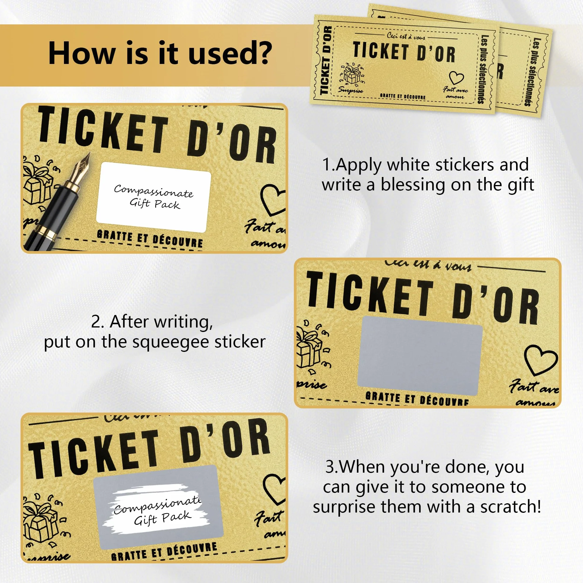 Carte à gratter Golden Ticket d'Or Personnalisable 6 Pièces Cadeau Surprise Anniversaire Saint-Valentin
