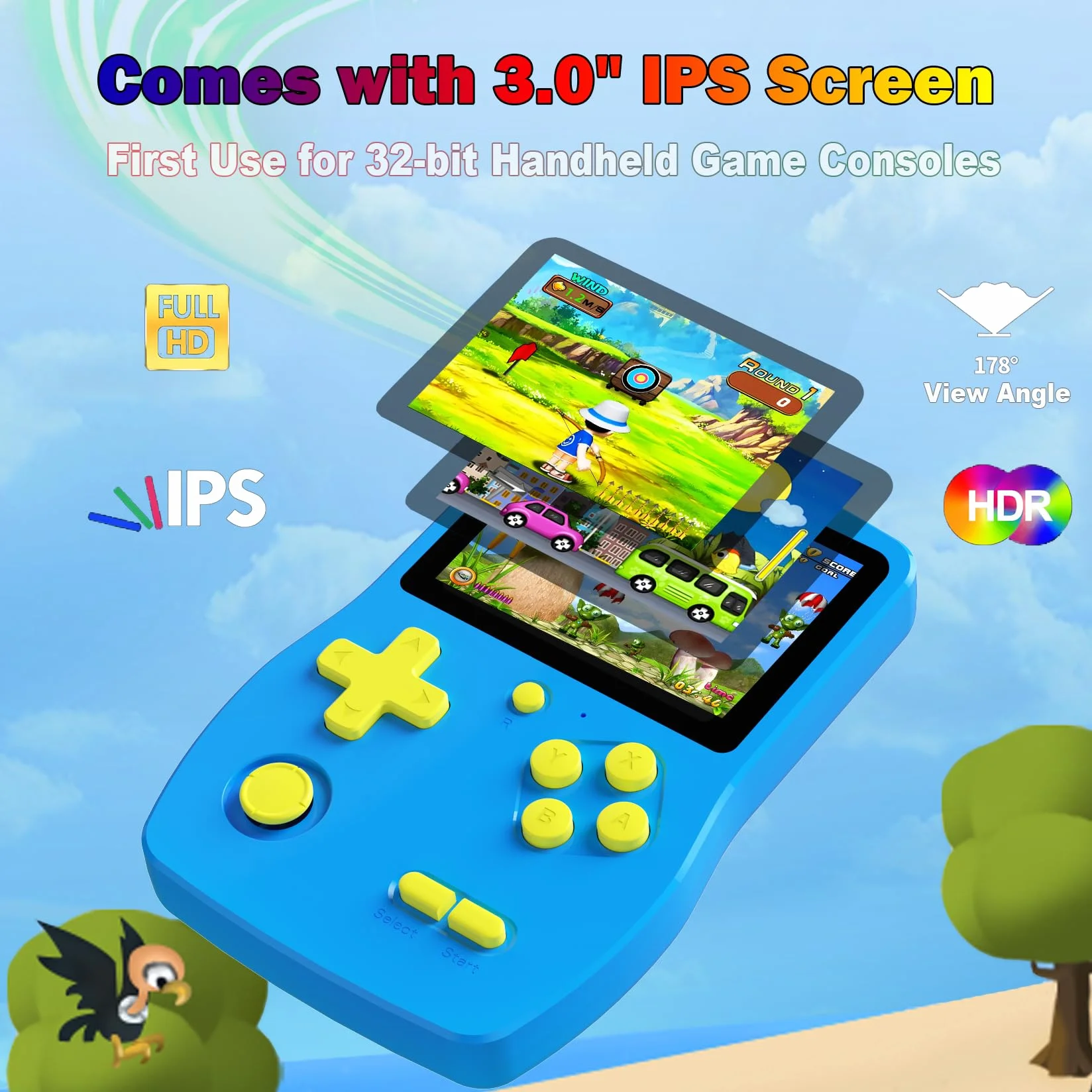 Console de Jeu Portable 32 Bits Écran IPS 3,0" 139 Jeux HD Intégrés Rechargeable Bleu
