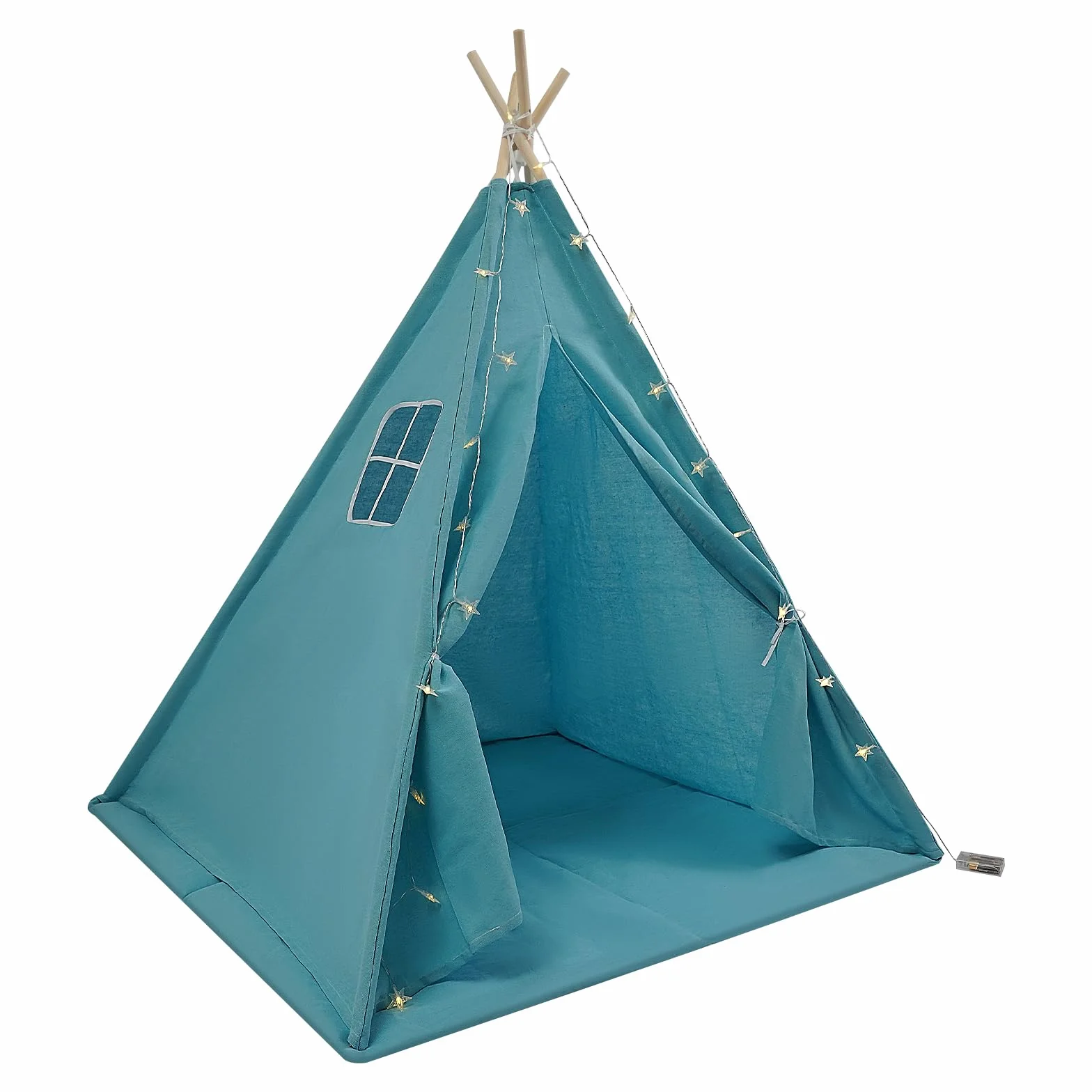 Tente Tipi pour enfant avec tapis de sol et guirlande lumineuse - Tente de jeu pliable en coton 120 x 120 x 140 cm Bleu