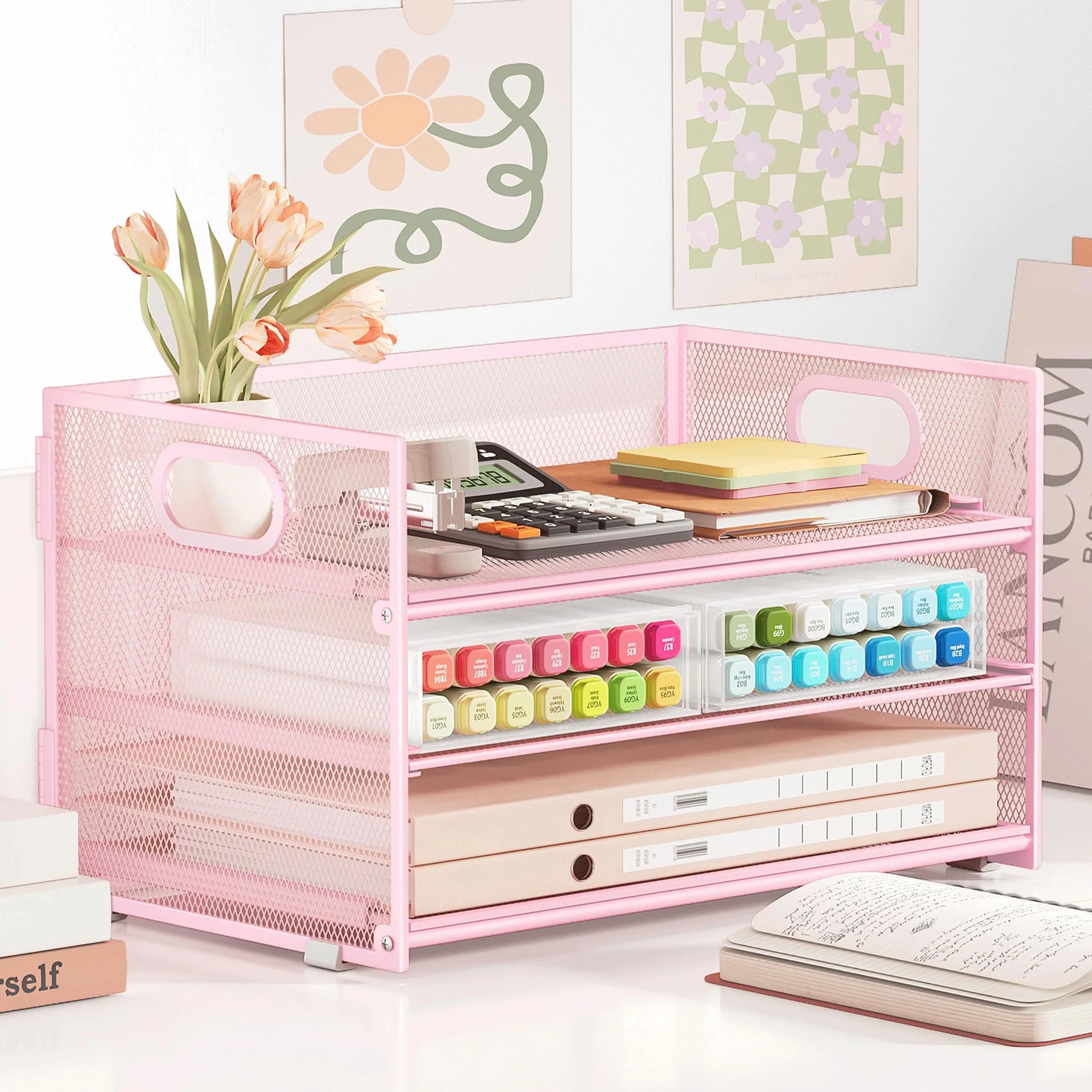 VITVITI Organiseur de Bureau 3 Étages avec Poignée, Pochette A4, Rangement Treillis Métallique Rose