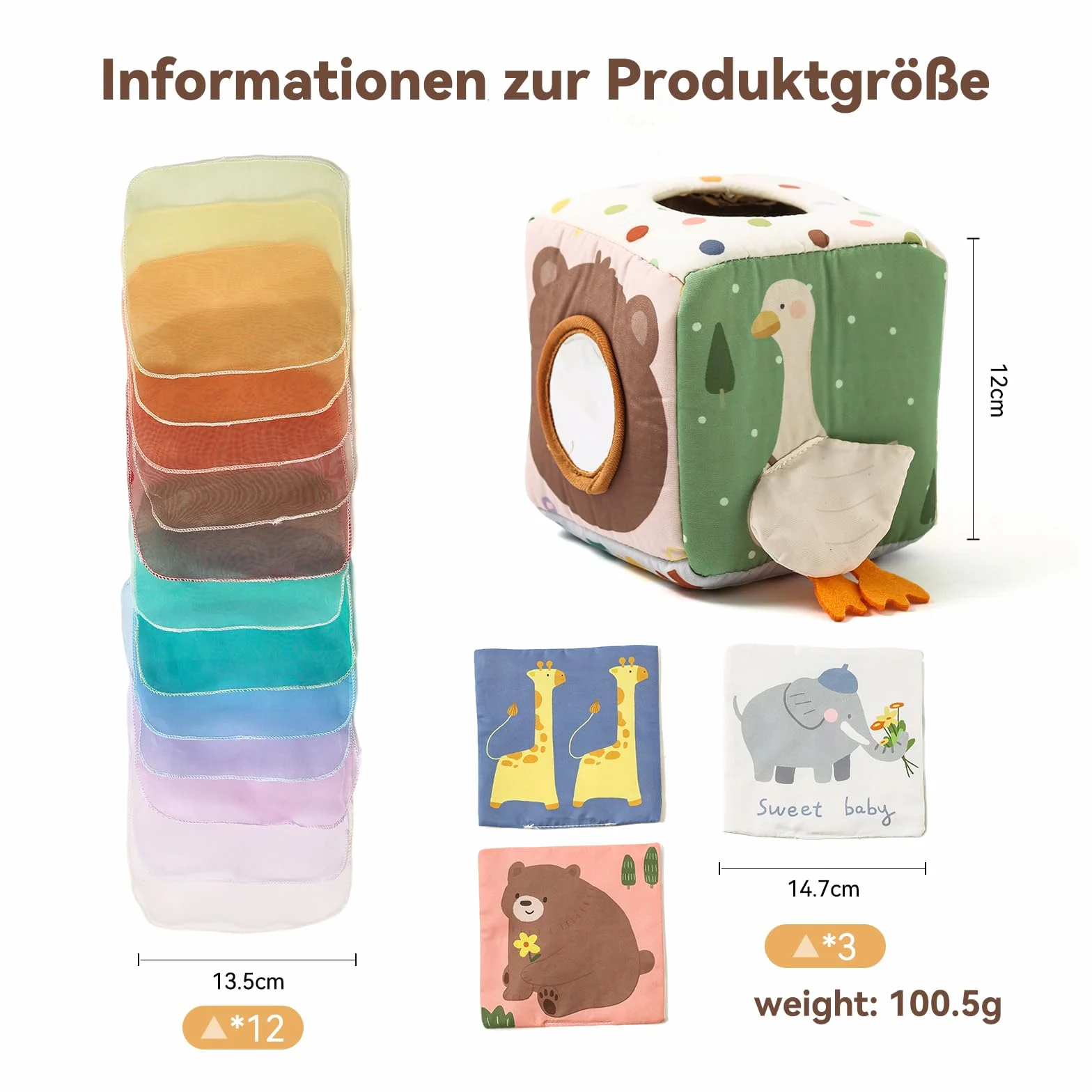 Boîte à Mouchoirs Sensorielle Montessori pour Bébé 0-12 Mois avec Miroir et Foulards