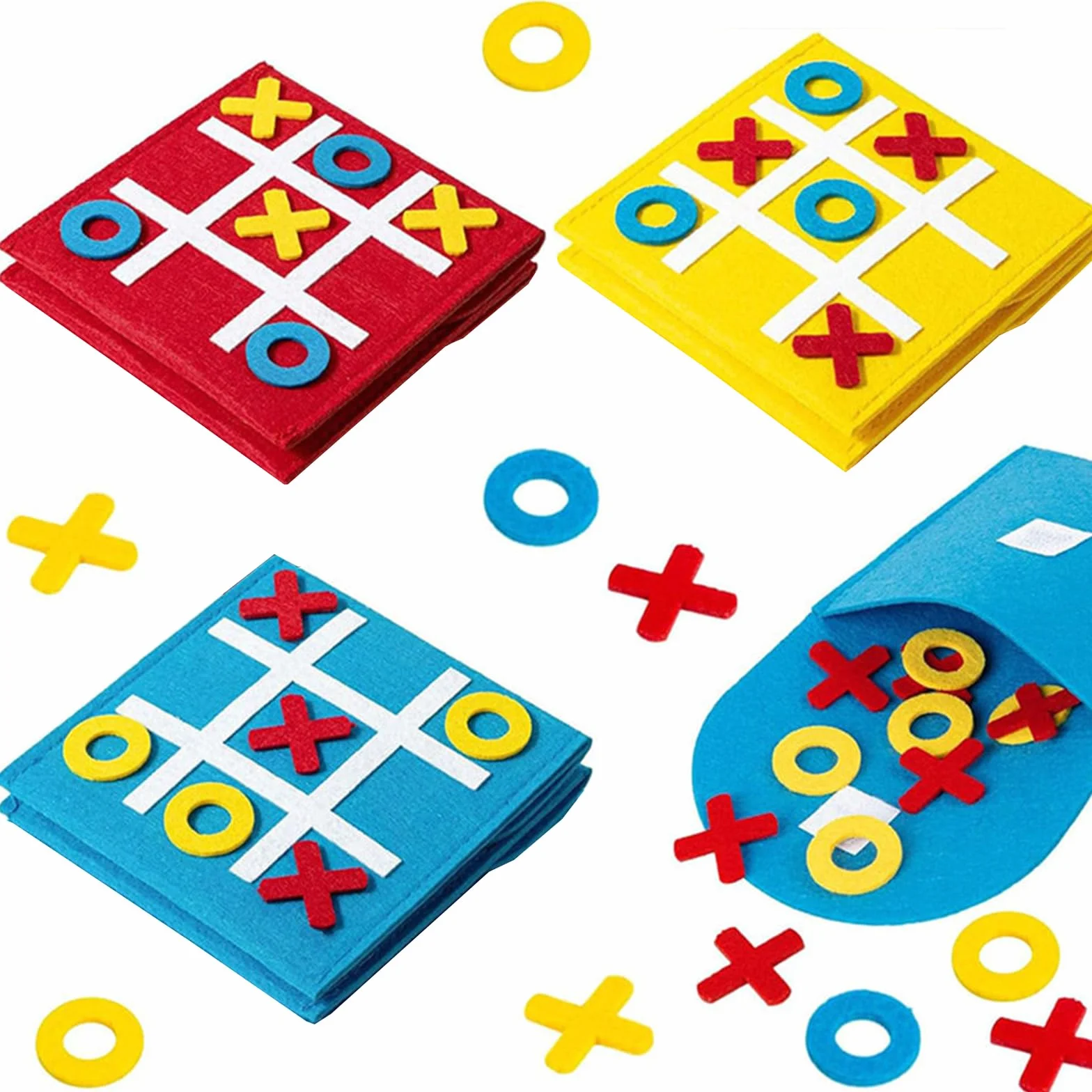 Jeu de Morpion en Feutrine 12x12 cm, Mini Jeux de Société Tic Tac Toe Voyage, Cadeaux Anniversaire Classe (Rouge, Jaune, Bleu)