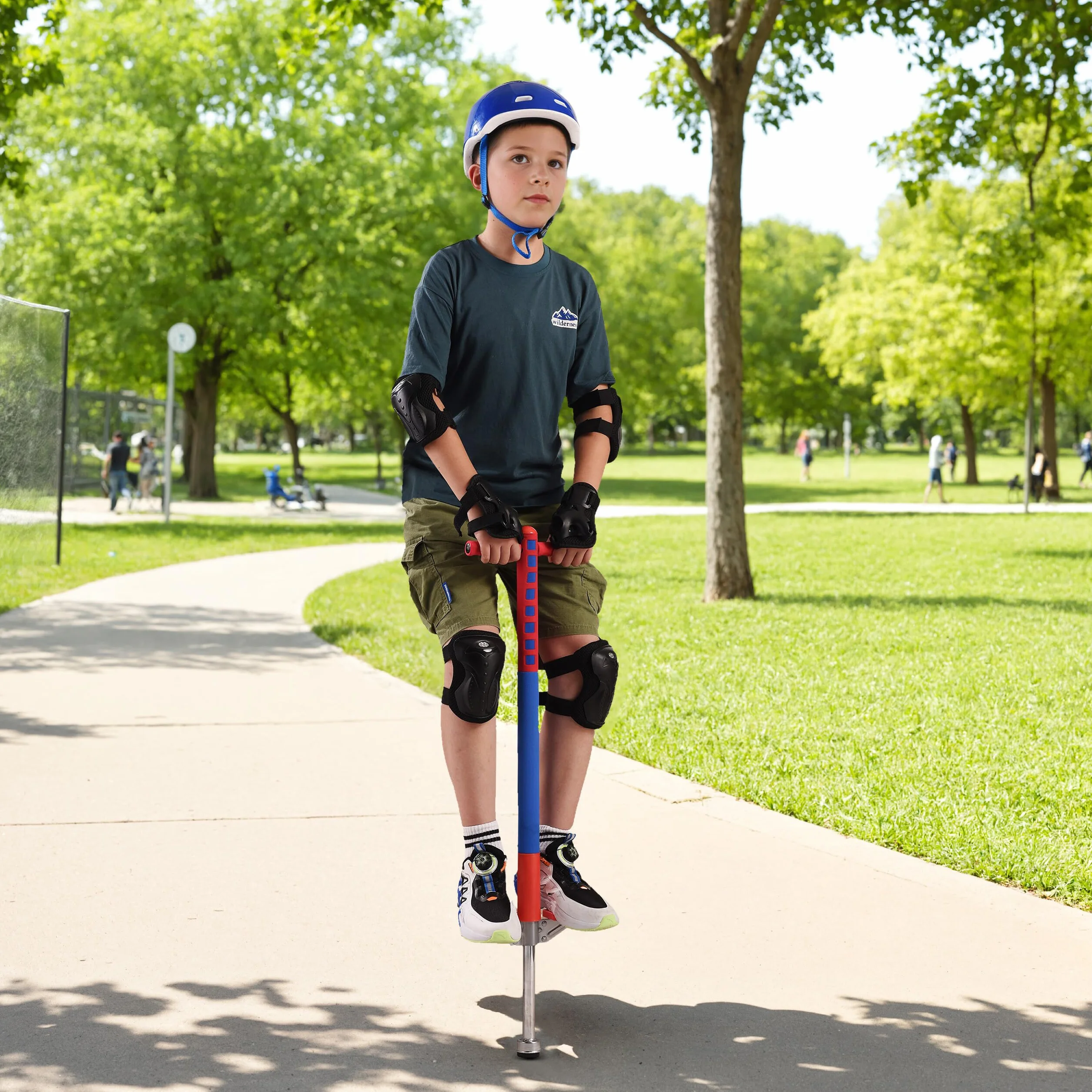 Relaxdays Pogo Stick pour Enfants INOX 94.5x23.5x6 cm Bleu Rouge