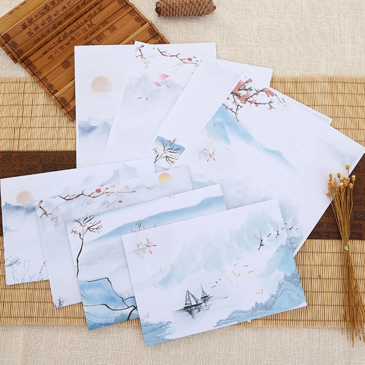 OSALADI Ensemble de Papeterie 10 Sets Papiers à Lettres et Enveloppes, Style Peinture à L'encre Chinoise