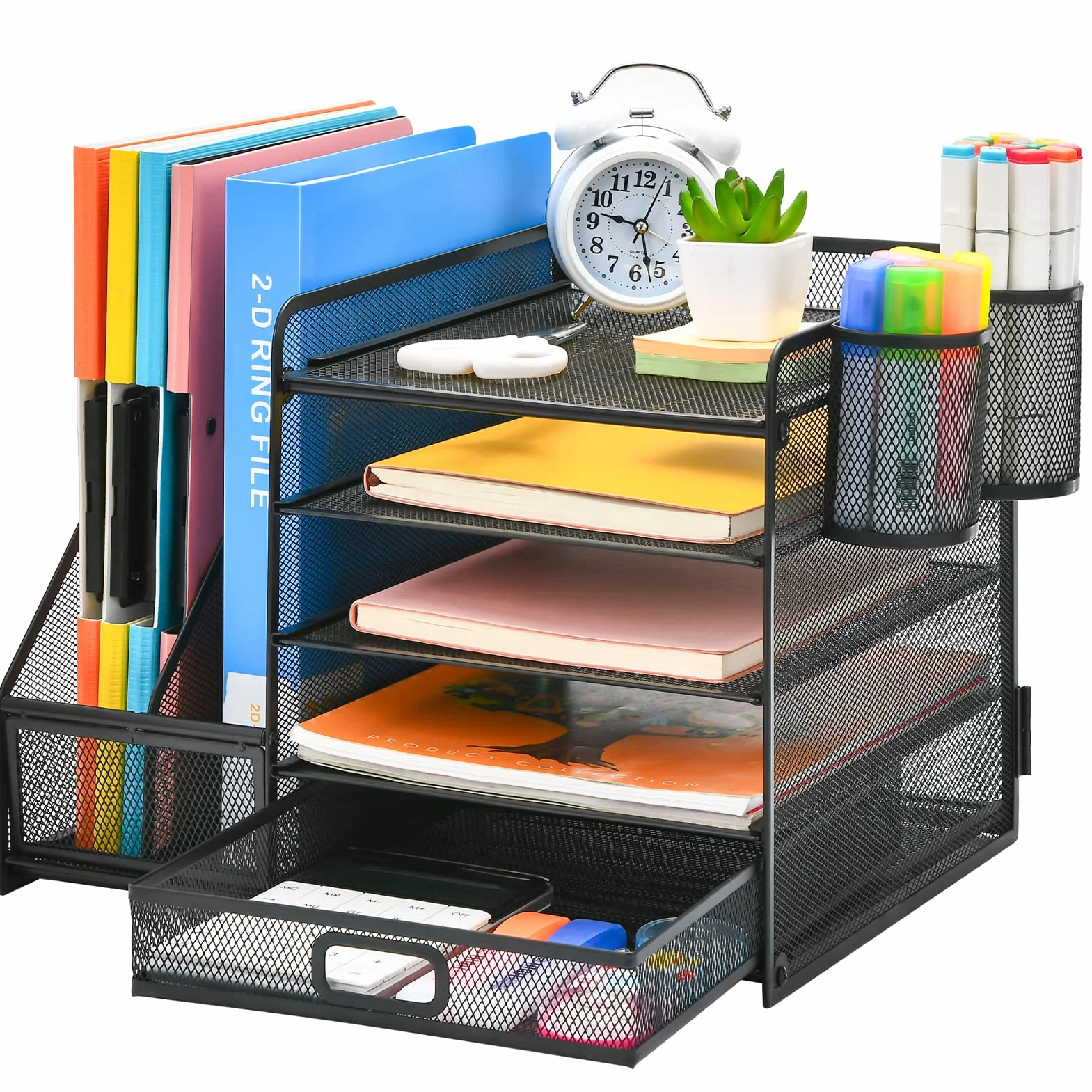 Marbrasse Organisateur de Bureau 5-Niveaux Porte-Lettres Rangement Maille Noir avec Tiroir Porte-Stylos