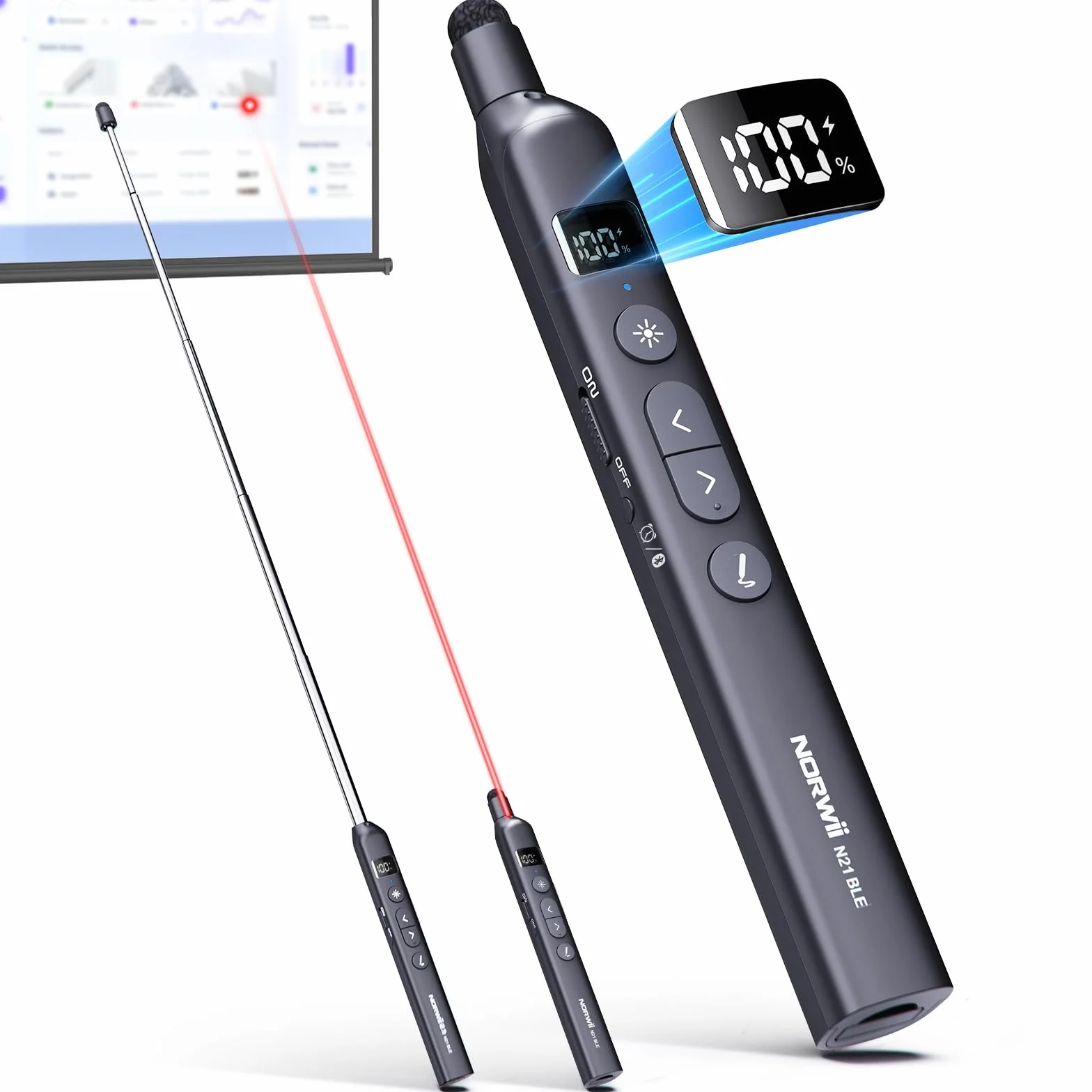 Norwii N21 Clicker de Présentation Bluetooth avec Pointeur Télescopique, Télécommande pour PowerPoint