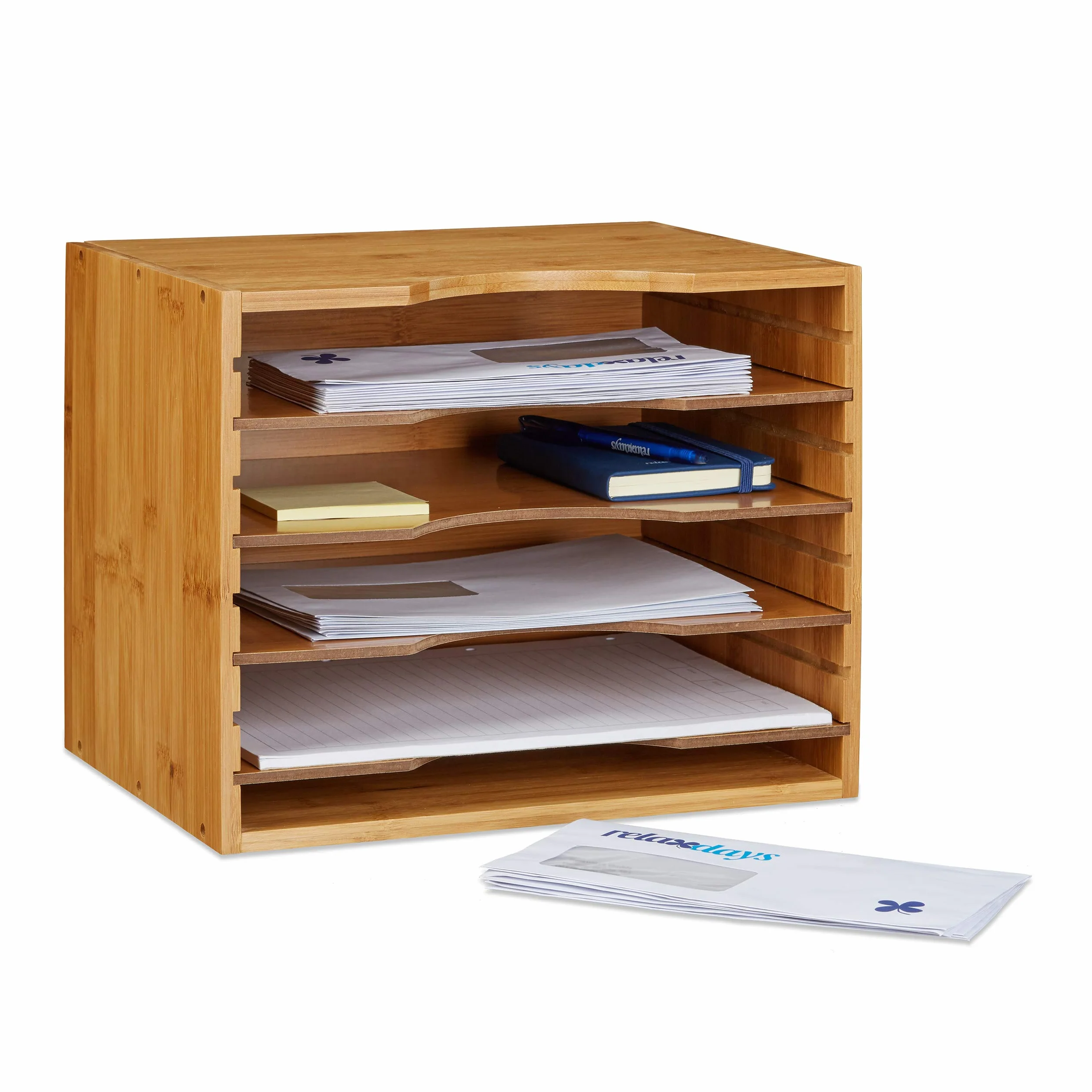 Relaxdays Corbeille à courrier en bambou organiseur de bureau porte-document 26,5 x 33,5 x 24,5 cm