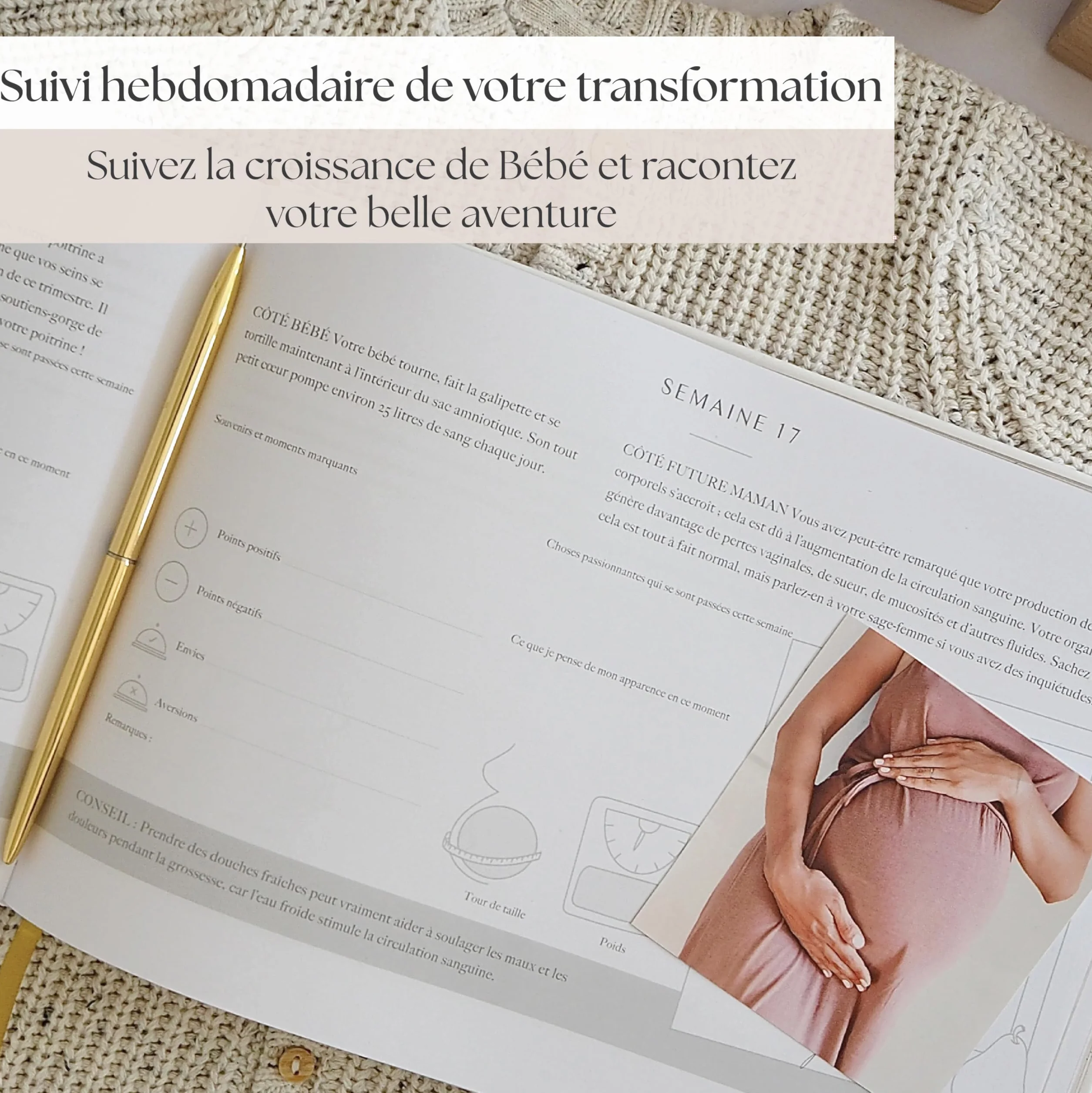 Journal de Grossesse de Luxe pour Futures Mamans - Carnet avec Calendrier, Scrapbook, Check-list, Organisateur et Livre de Naissance (Doré)