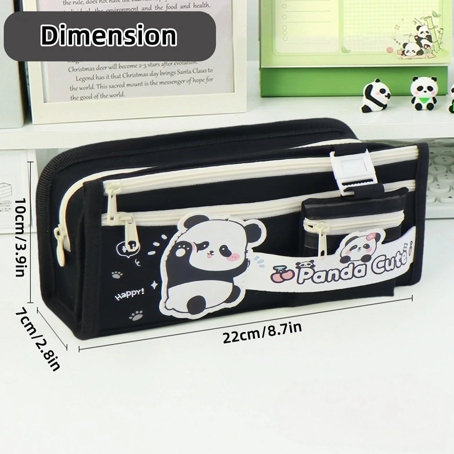 Trousse Scolaire Panda Kawaii Grande Capacité Plusieurs Compartiments Noir